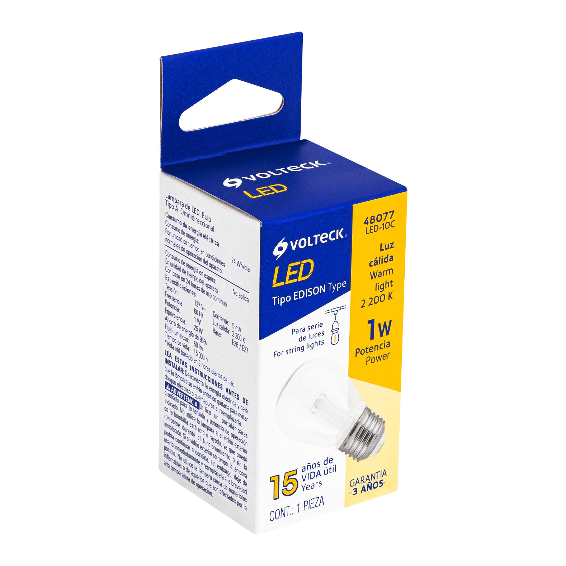 Foco LED 1 W sin filamento, S14, 2200K ambar, E26, VOLTECK