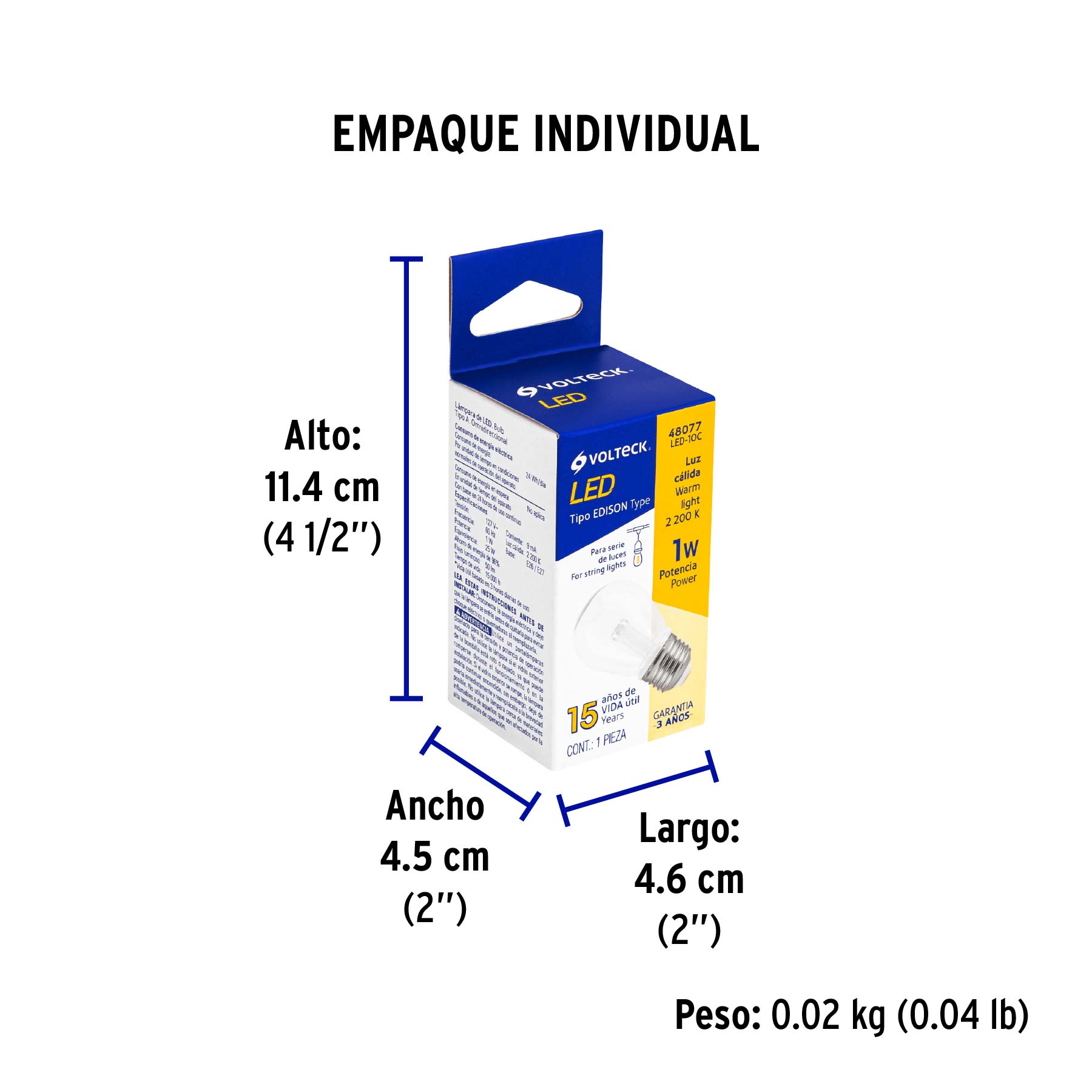 Foco LED 1 W sin filamento, S14, 2200K ambar, E26, VOLTECK - Empaque