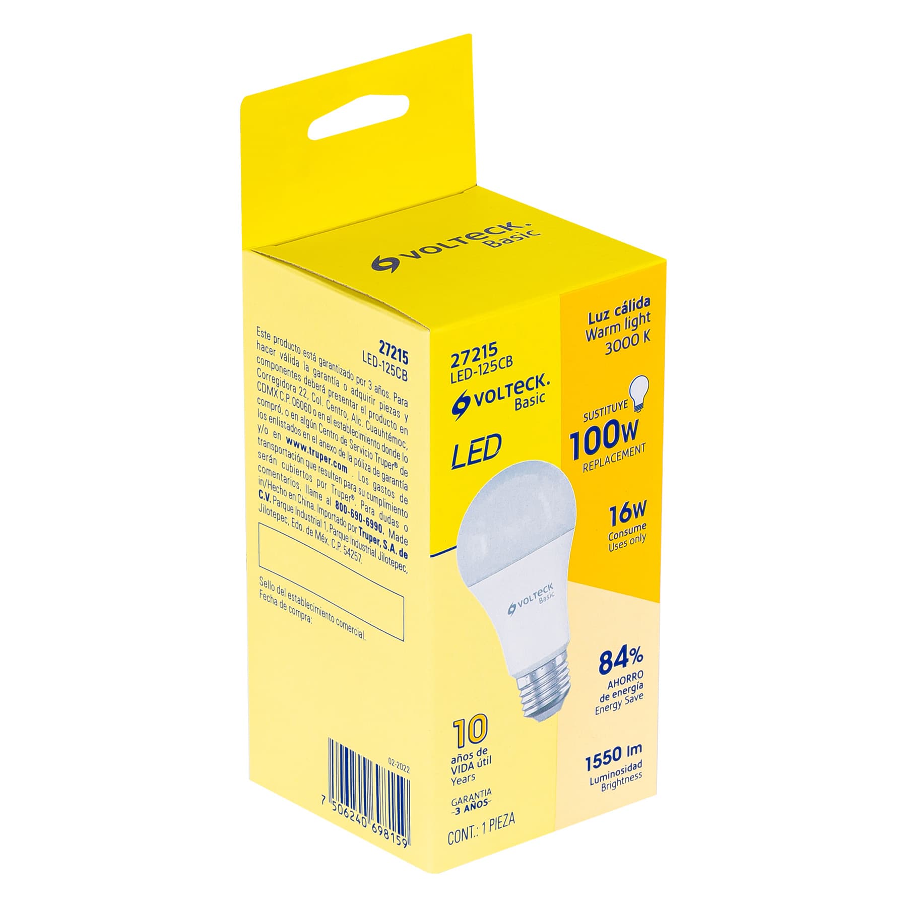 Foco LED 16W (100W) A22, 3000K blanca cálida, 1550 lm, BASIC