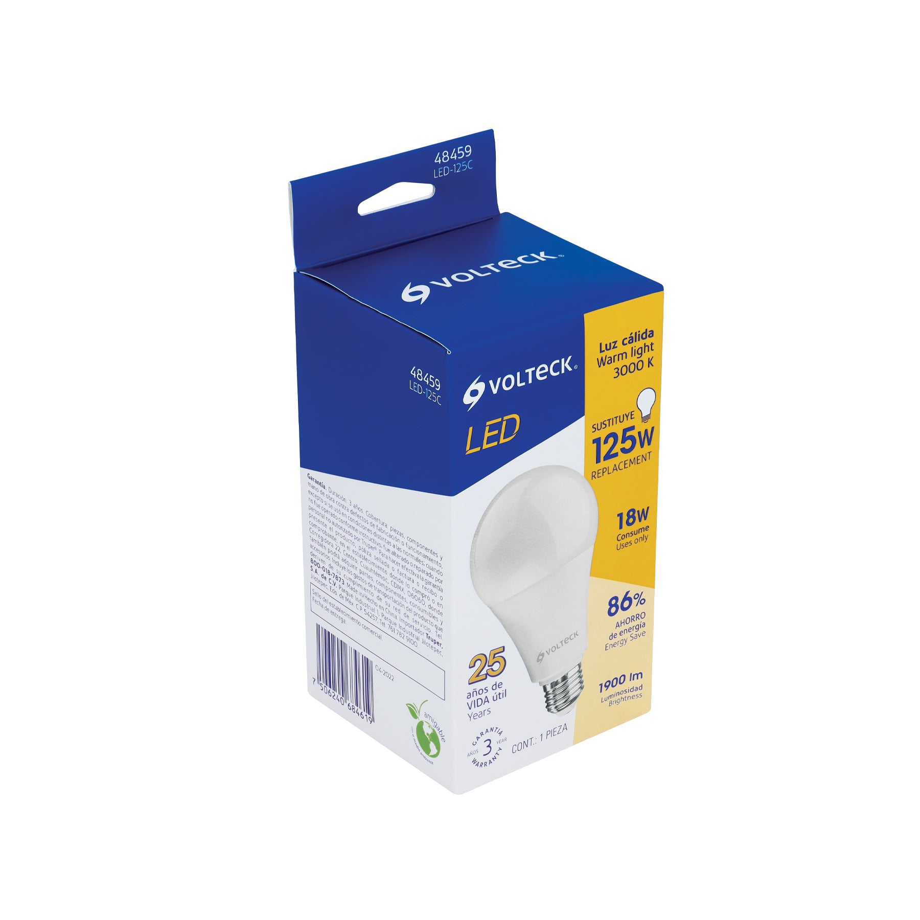 Foco LED 18W (125W) A25, 3000K blanca cálida, 1900 lm, caja