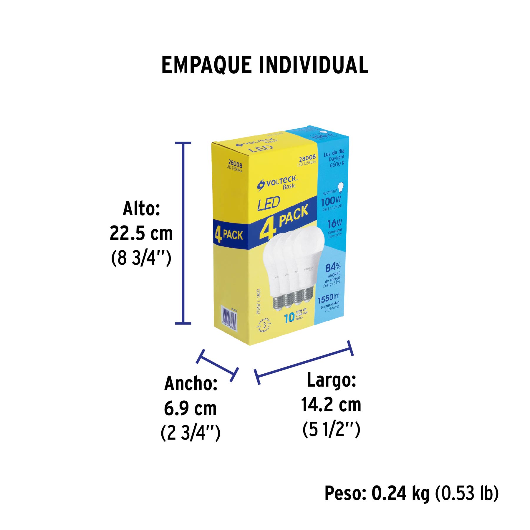Pack 4 focos LED 16W (100W) A22, 6500K fría, 1550 lm, BASIC - Empaque