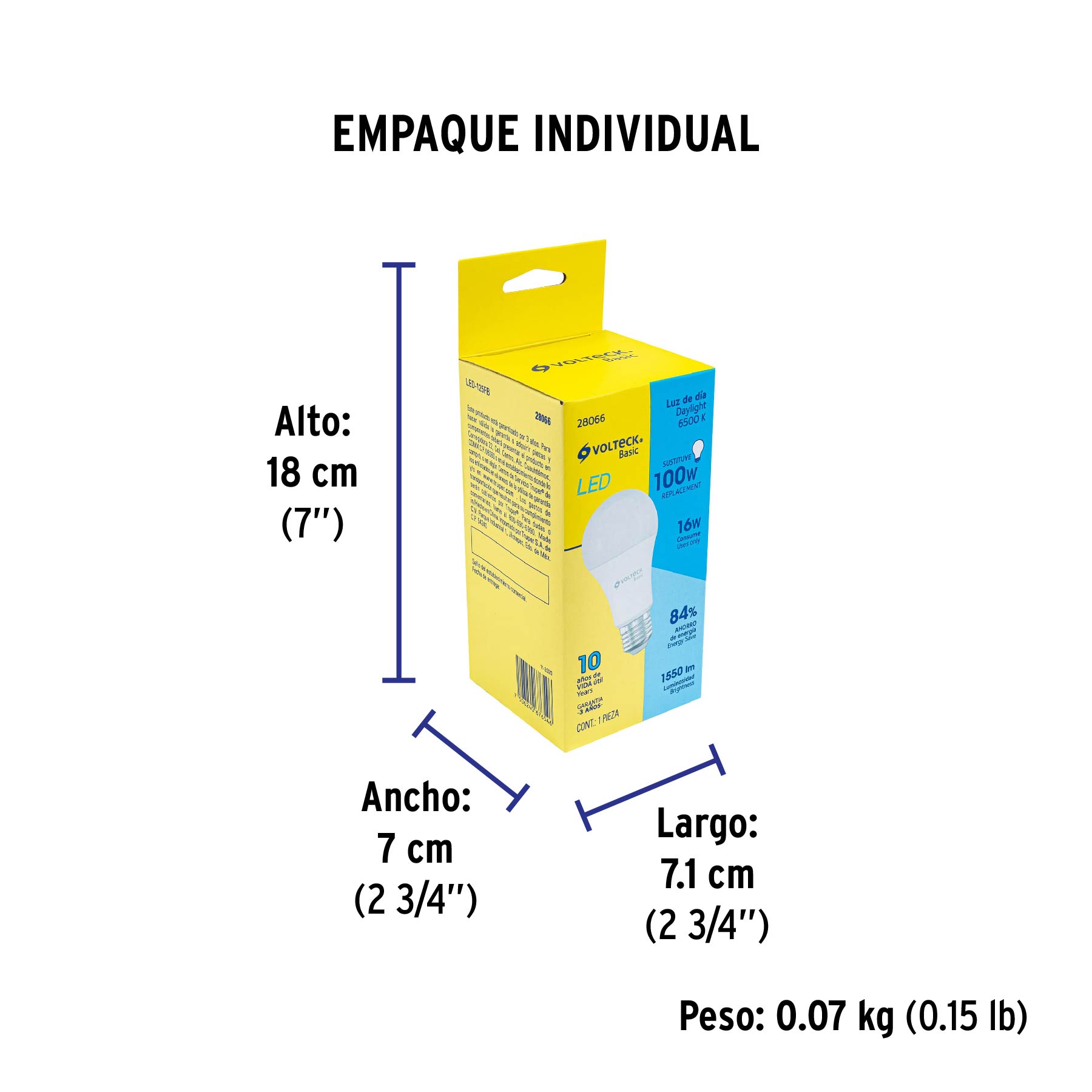 Foco LED 16W (100W) A22, 6500K blanca fría, 1550 lm, BASIC - Empaque