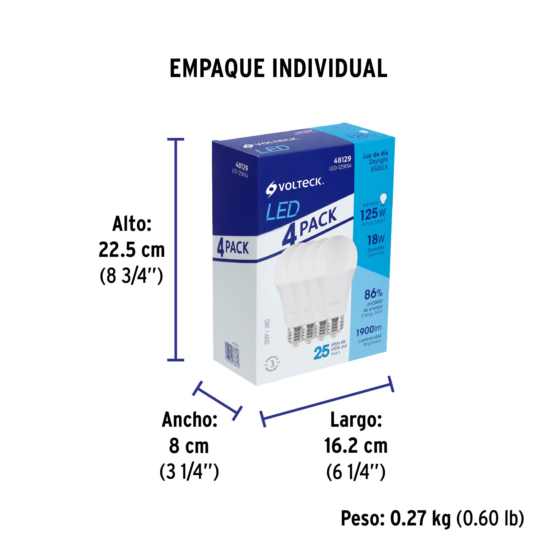 Pack 4 focos LED 18W (125W) A25, 6500K blanca fría, 1900 lm - Empaque