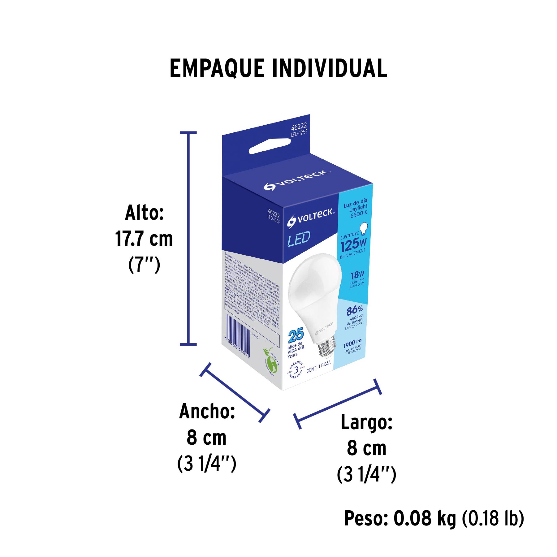 Foco LED 18W (125W) A25, 6500K blanca fría, 1900 lm, caja - Empaque