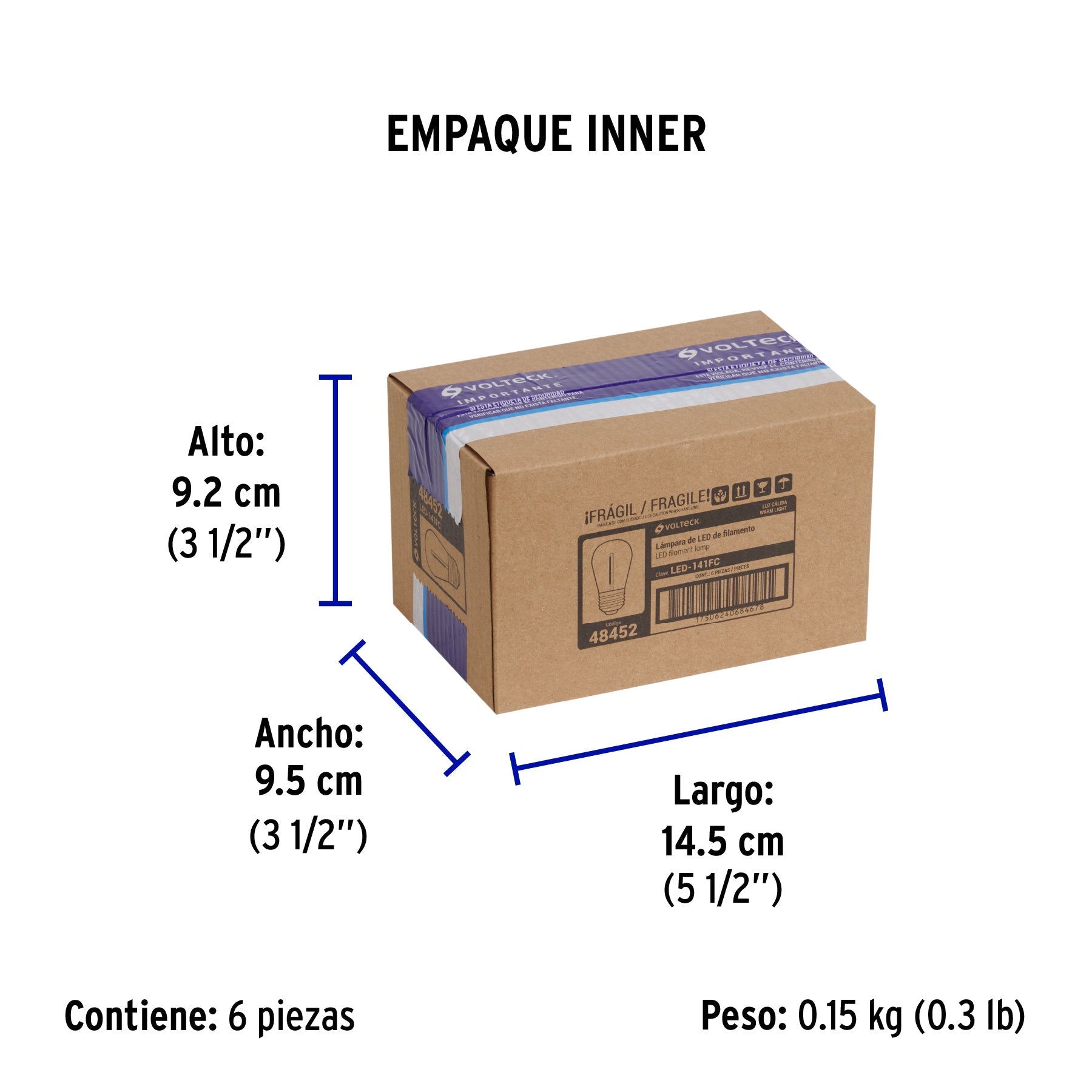 Foco LED filamento 1 W, S14, 2200K luz ambar, E26, VOLTECK - Empaque