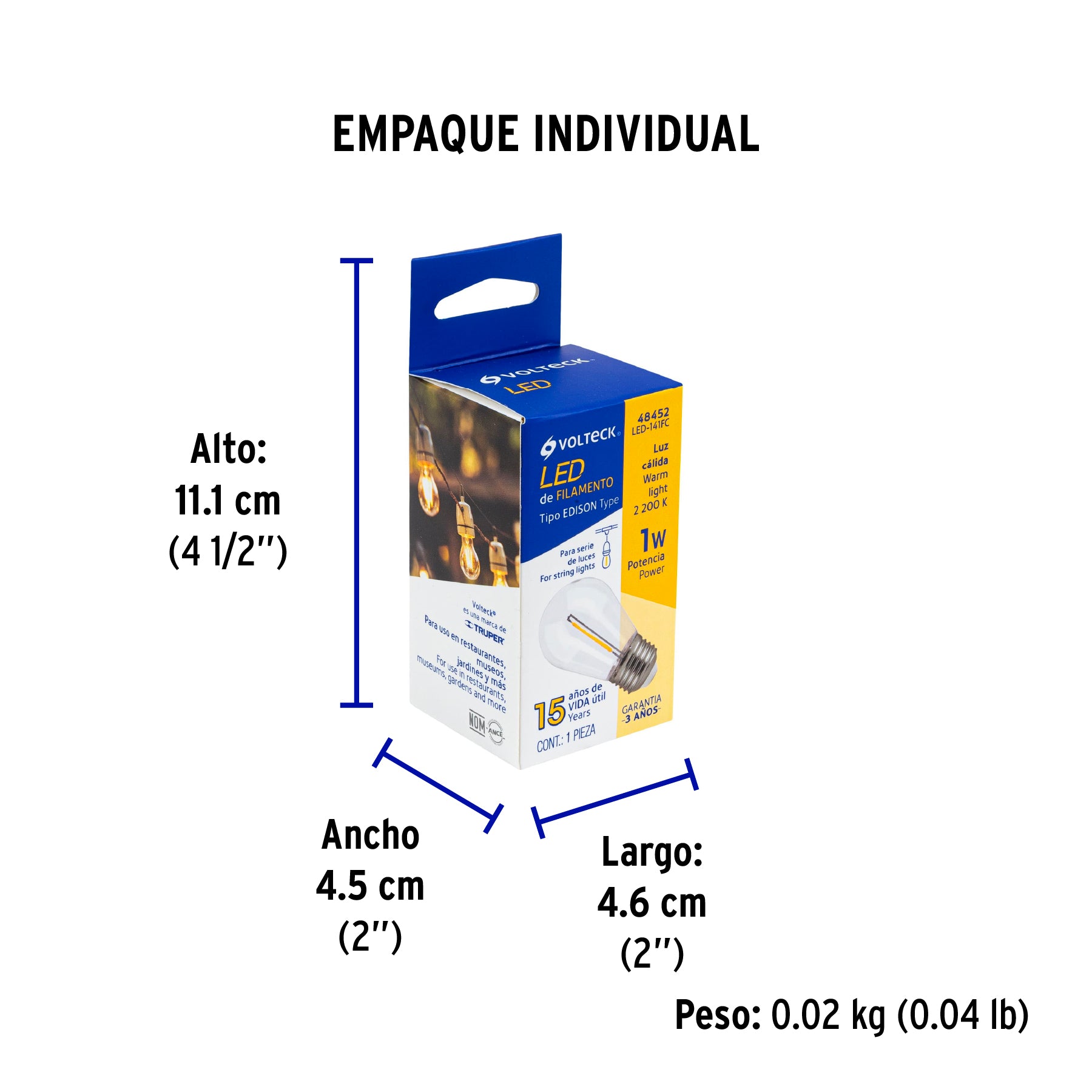 Foco LED filamento 1 W, S14, 2200K luz ambar, E26, VOLTECK - Empaque