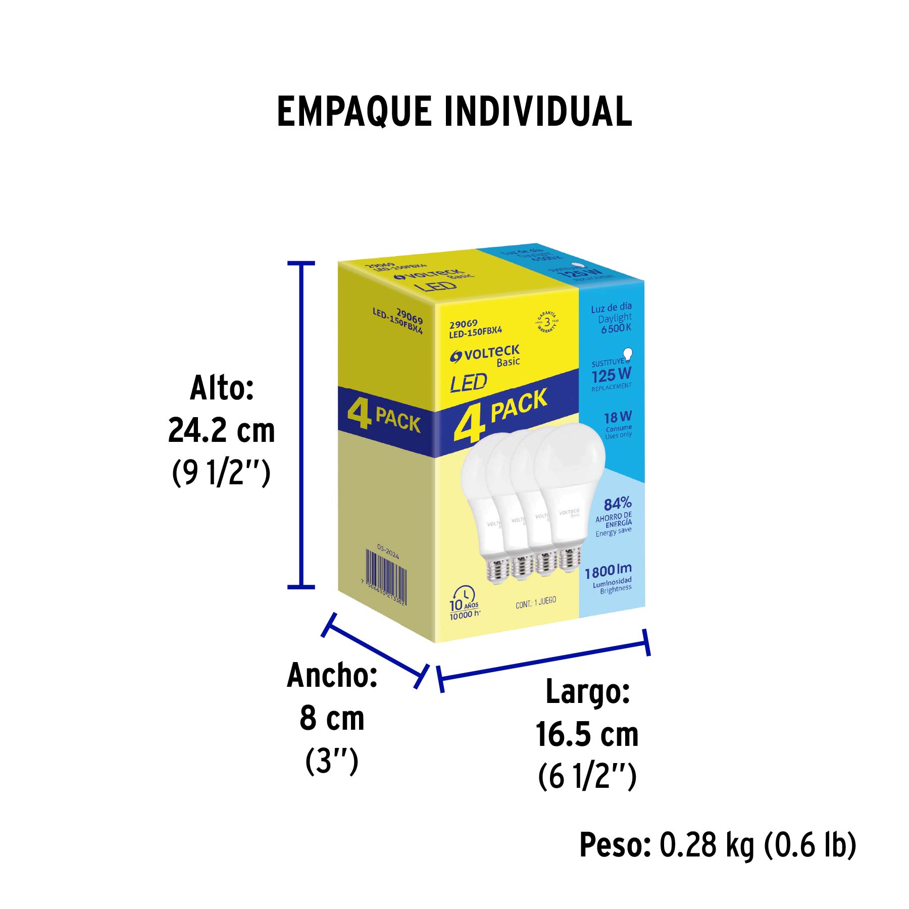 Pack 4 focos LED 18W (125W) A25, 6500K fría, 1800 lm, BASIC - Empaque