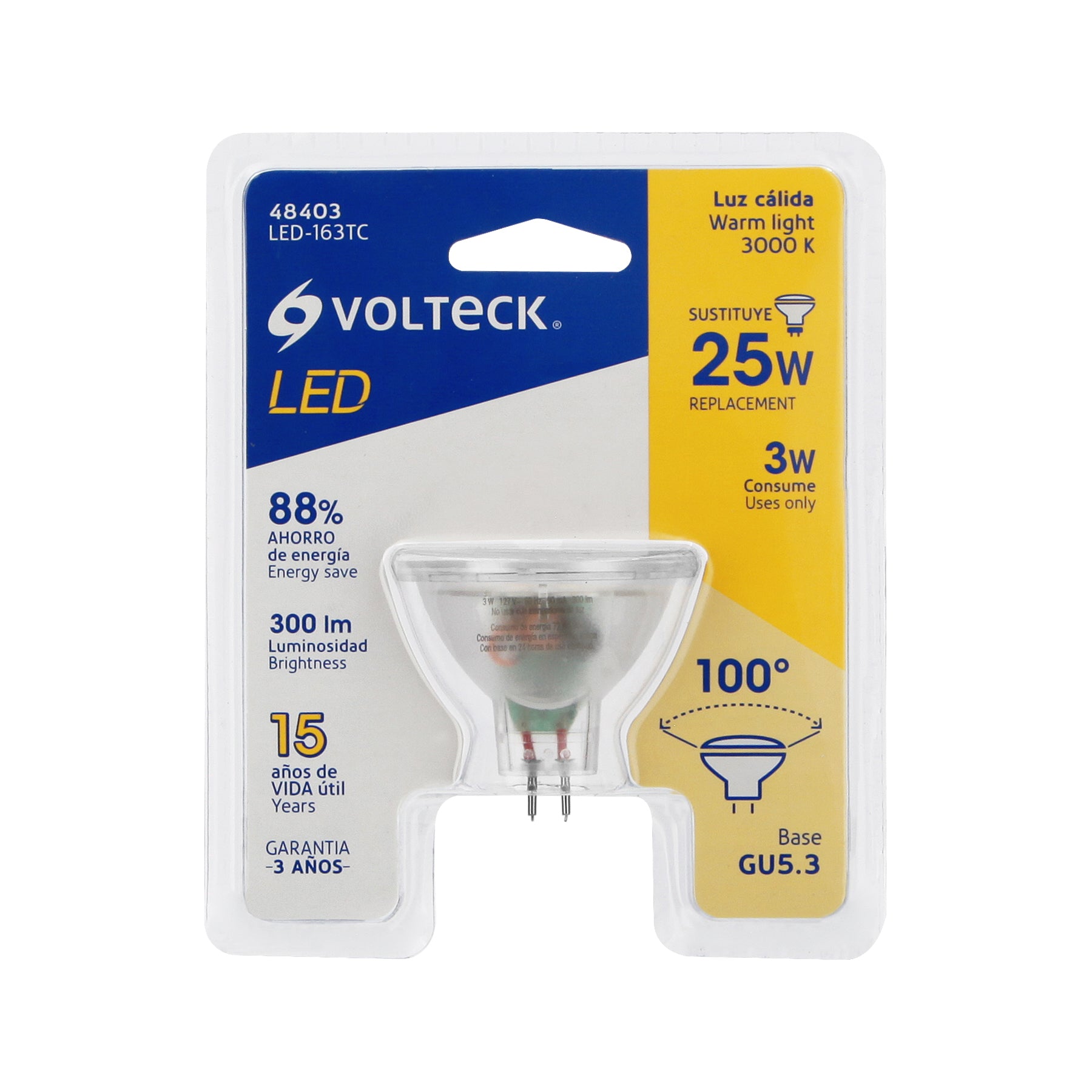 Lámpara trans. de LED 3W MR16 base GU5.3 luz cálida, blíster