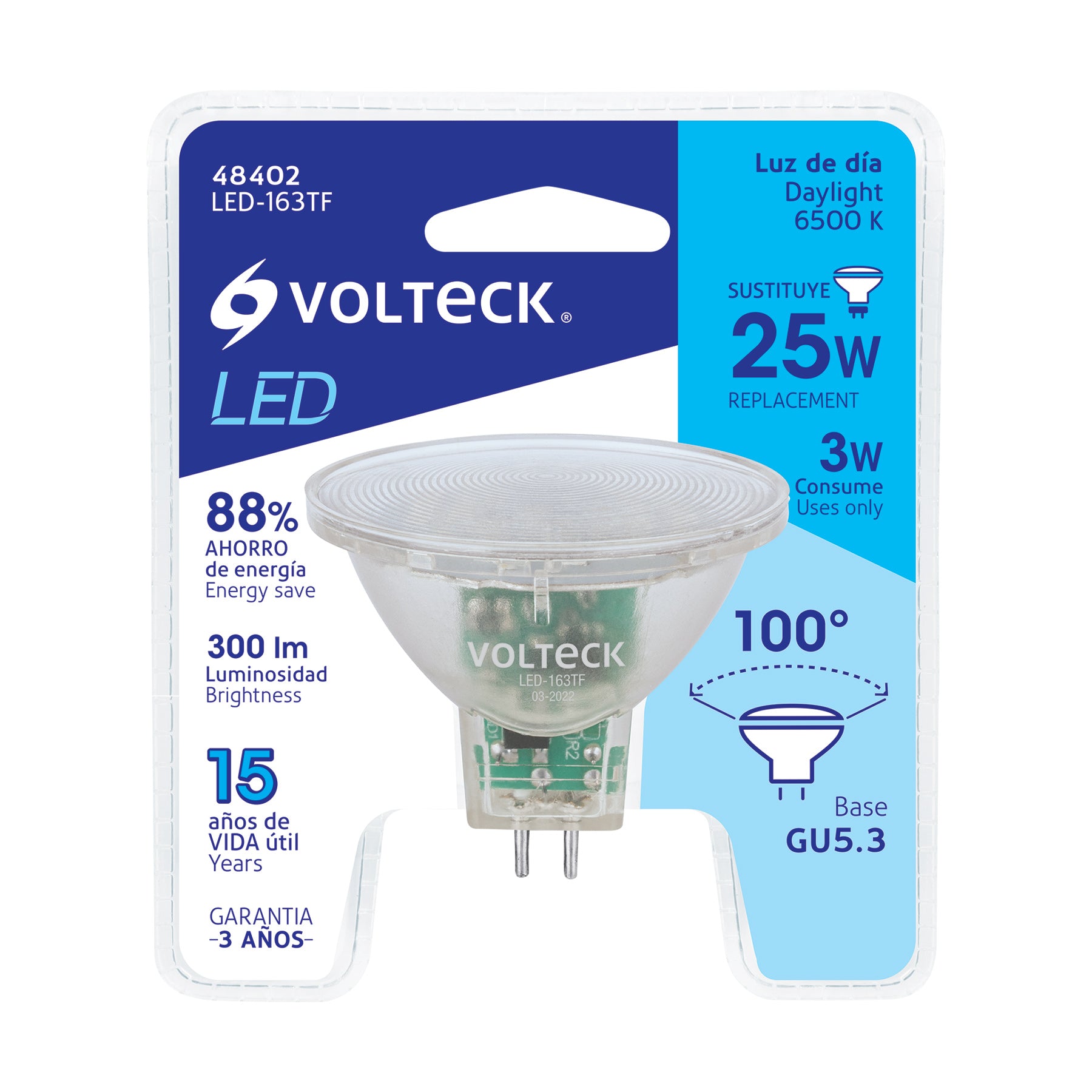 Lámpara trans. de LED 3W MR16 base GU5.3 luz de día, blíster