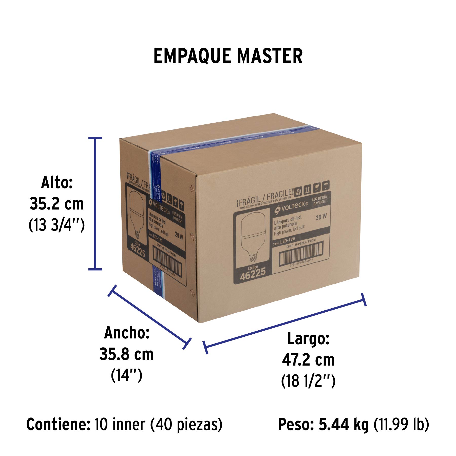 Foco LED alta potencia 20W (170W) 6500K blanca fría, E26 - Empaque