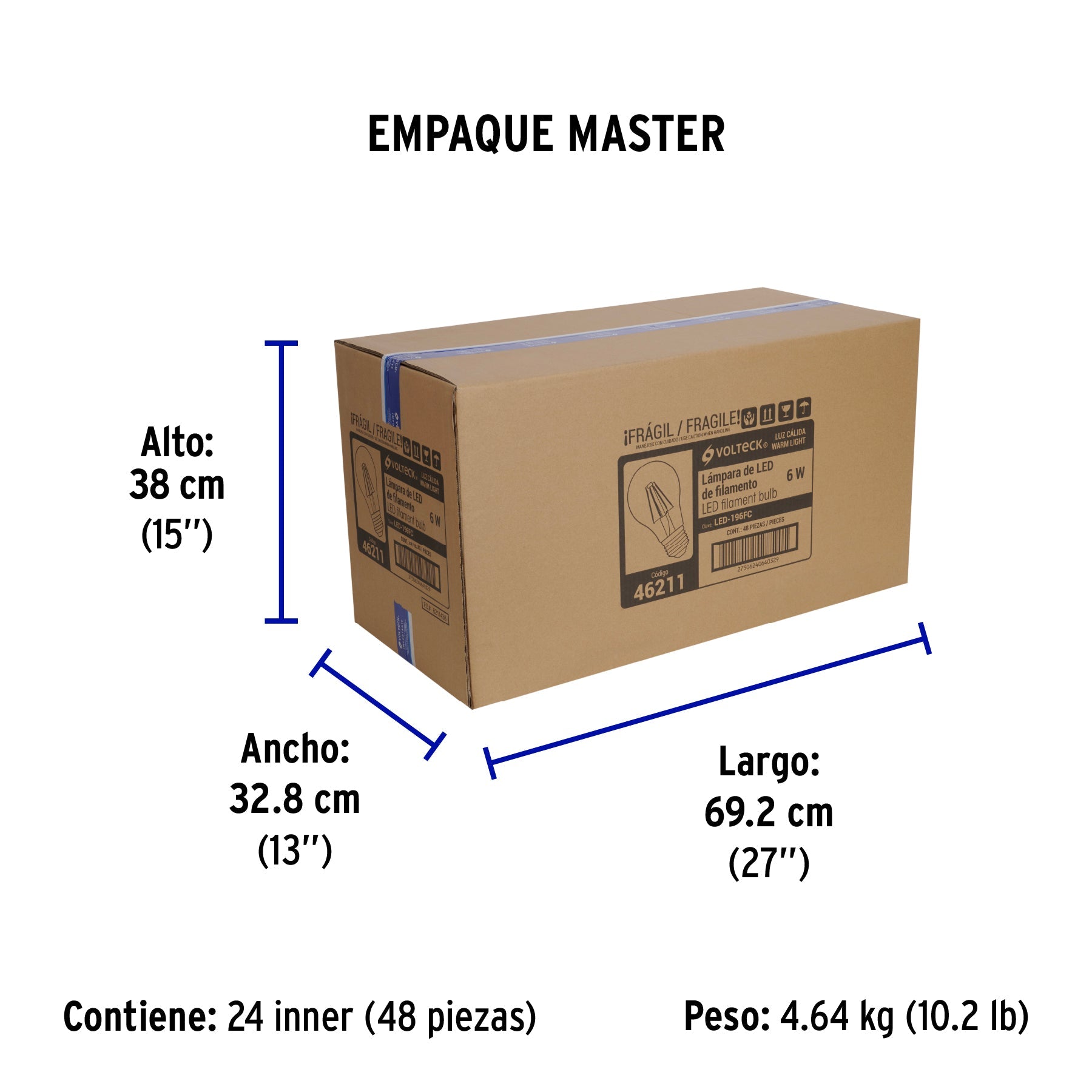 Foco LED filamento 6 W, A19, 2700K luz ambar, E26, VOLTECK - Empaque