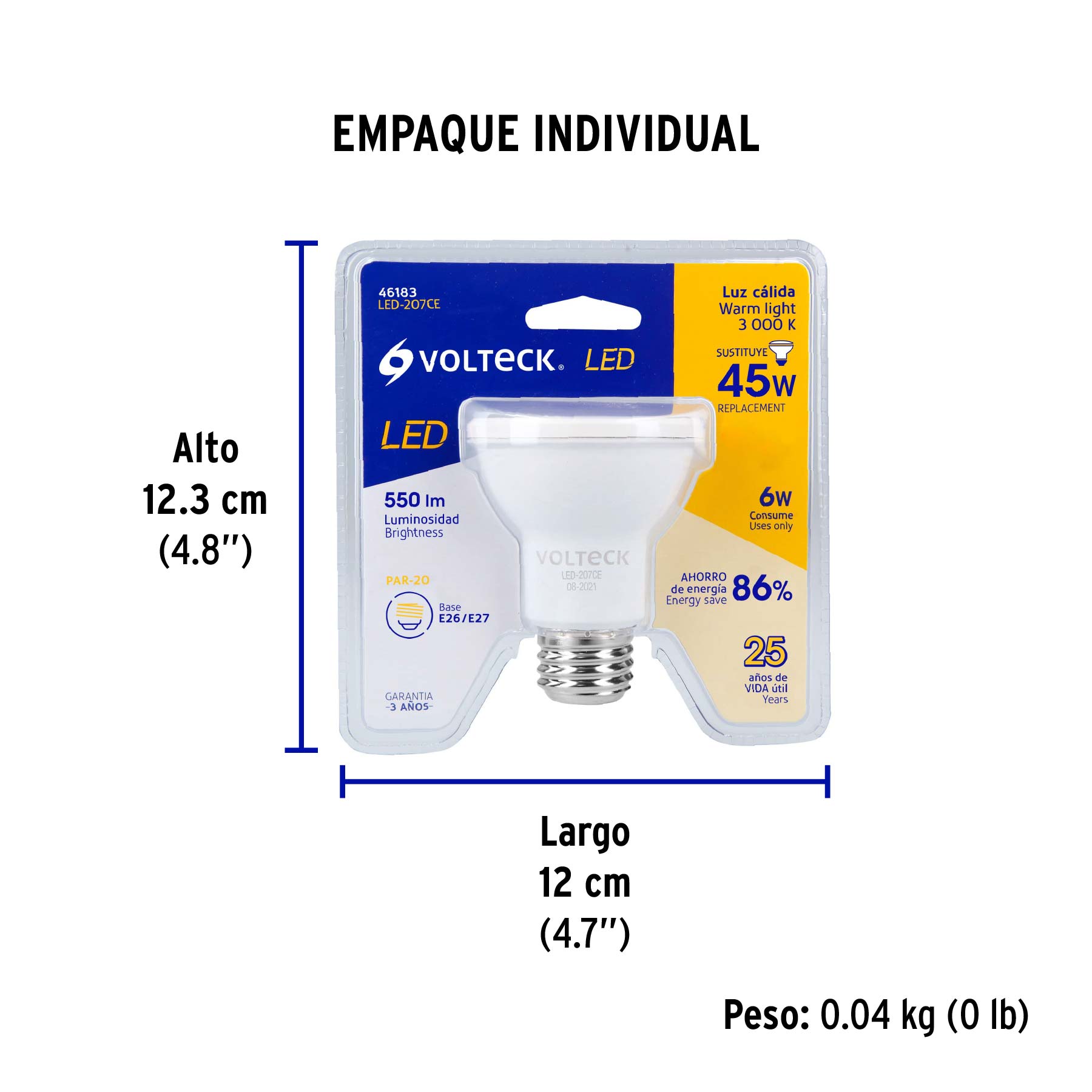 Foco LED 6 W tipo PAR20, 3000K blanca cálida, VOLTECK - Empaque