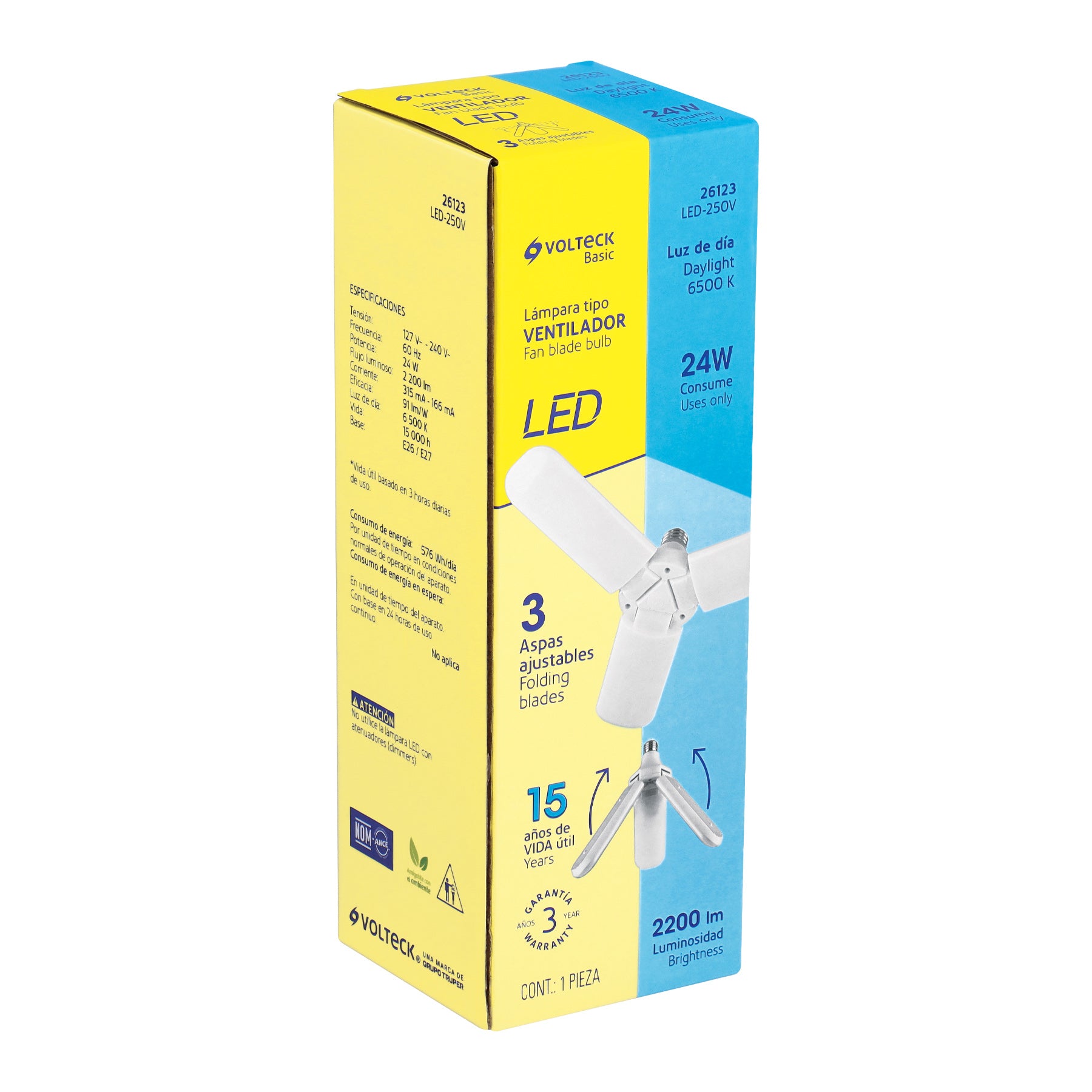 Lámpara LED tipo ventilador 24W, 3 aspas, 6500K, BASIC