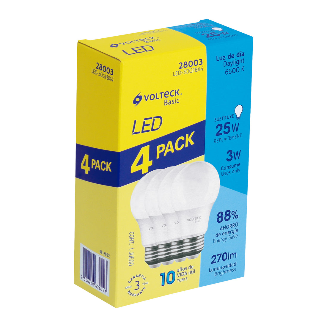 Pack 4 focos LED 3W (25W) G45, 6500K fría, 270 lm, BASIC