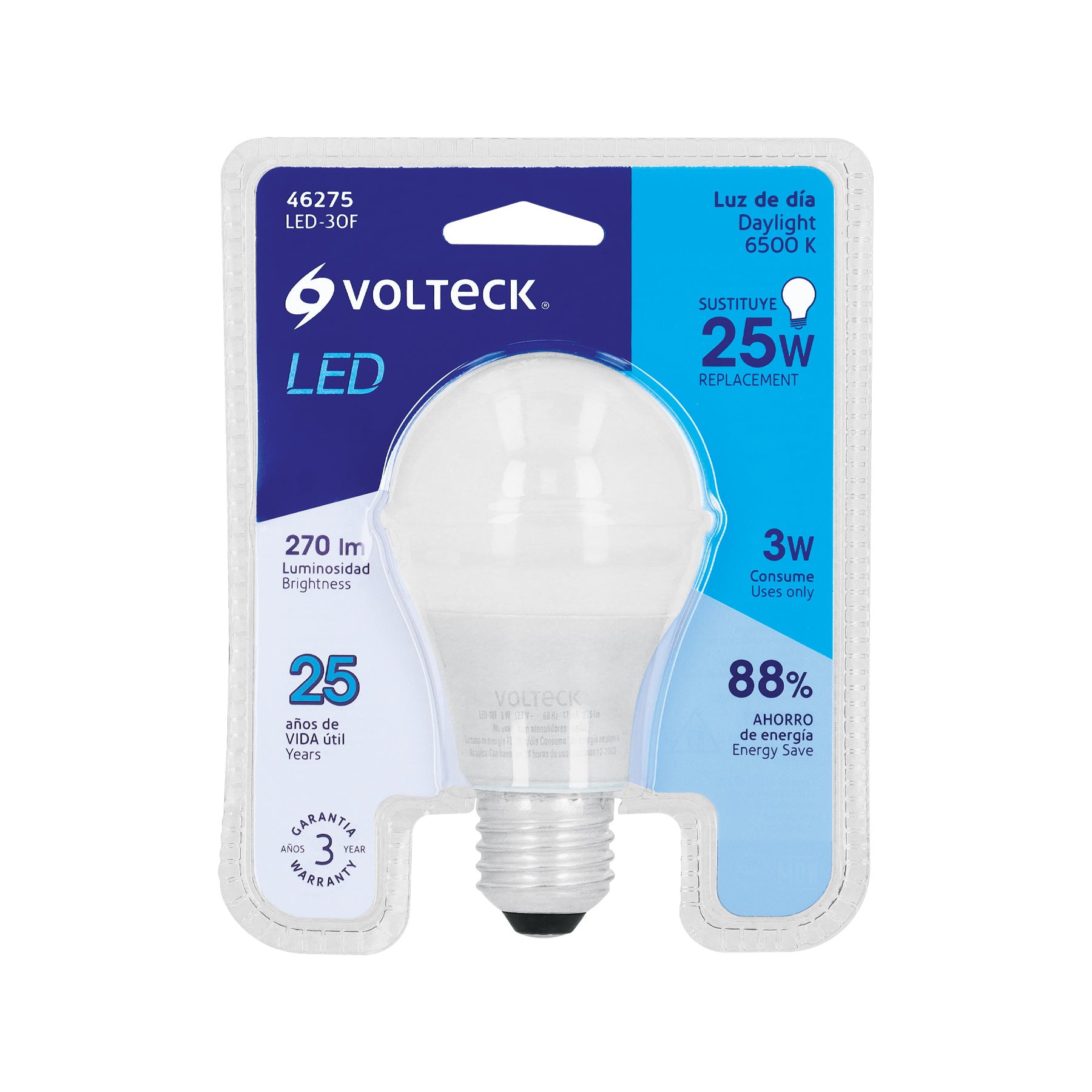 Foco LED 3W (25W) A19, 6500K blanca fría, 270 lm, blíster
