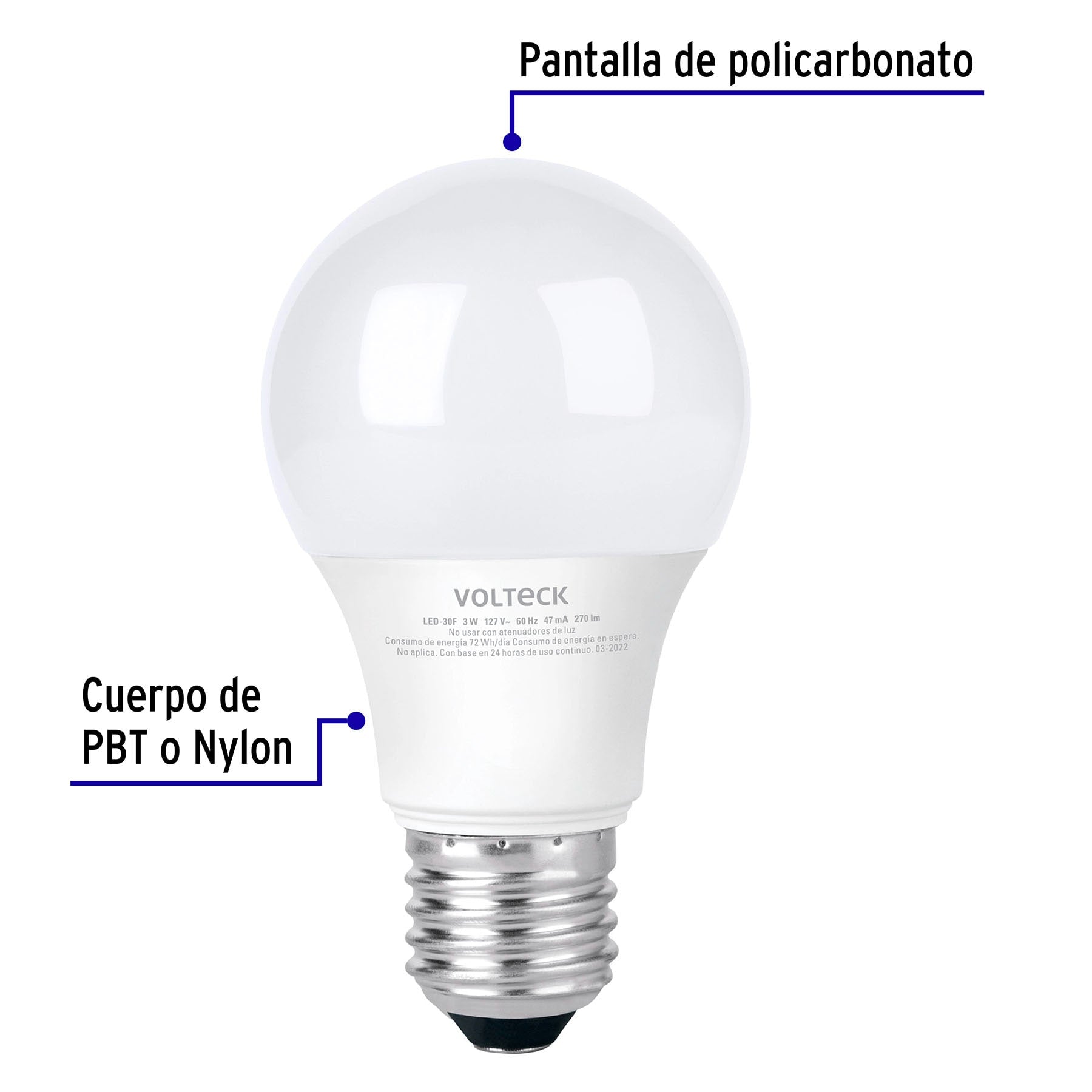 Foco LED 3W (25W) A19, 6500K blanca fría, 270 lm, blíster