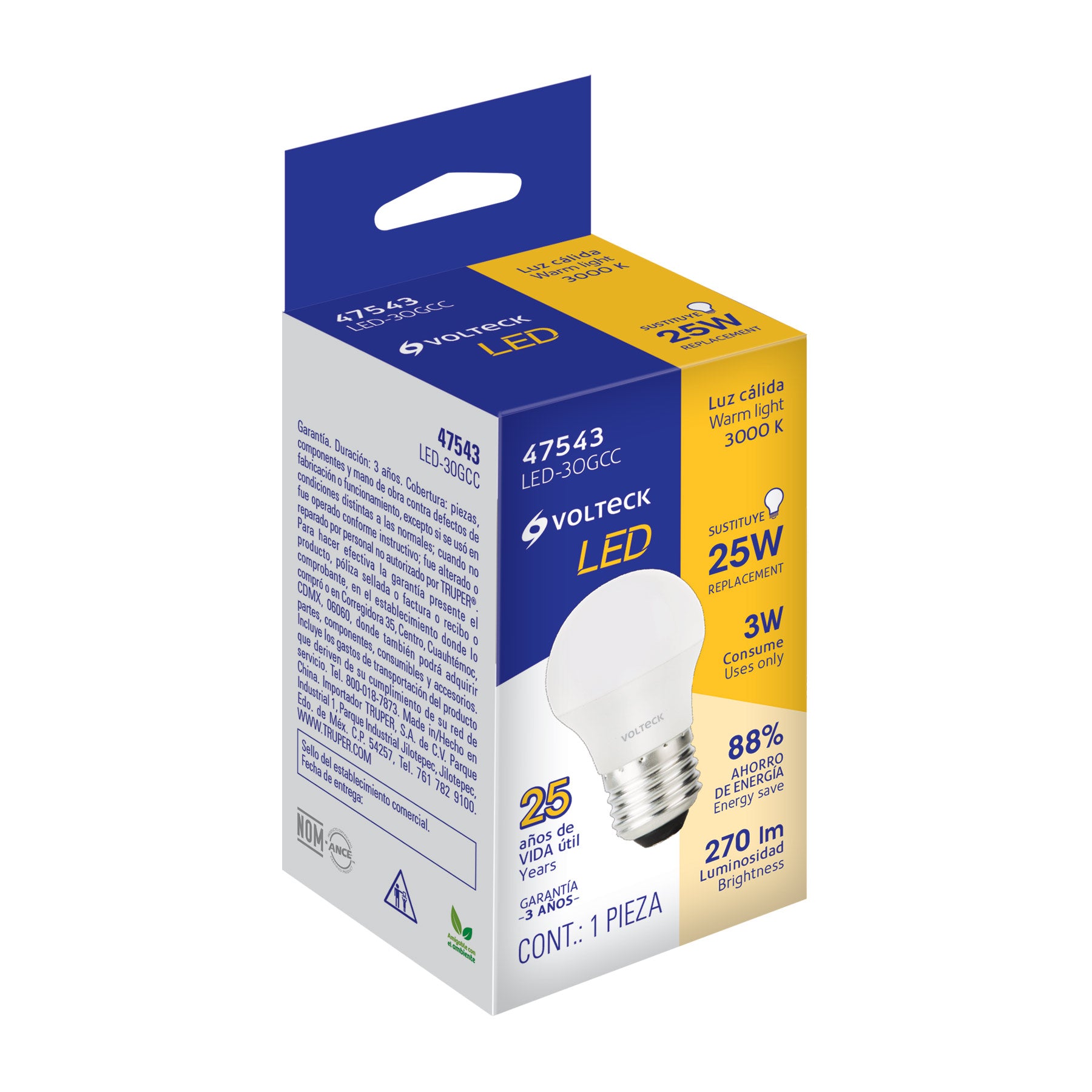Foco LED 3W (25W) G45, 3000K blanca cálida, 270 lm, caja