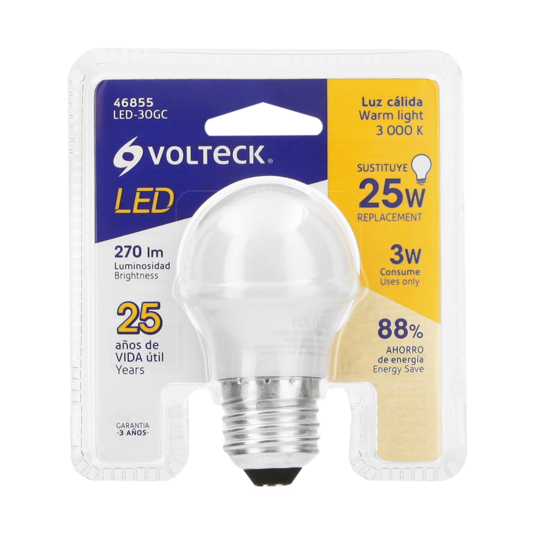 Foco LED 3W (25W) G45, 3000K blanca cálida, 270 lm, blíster