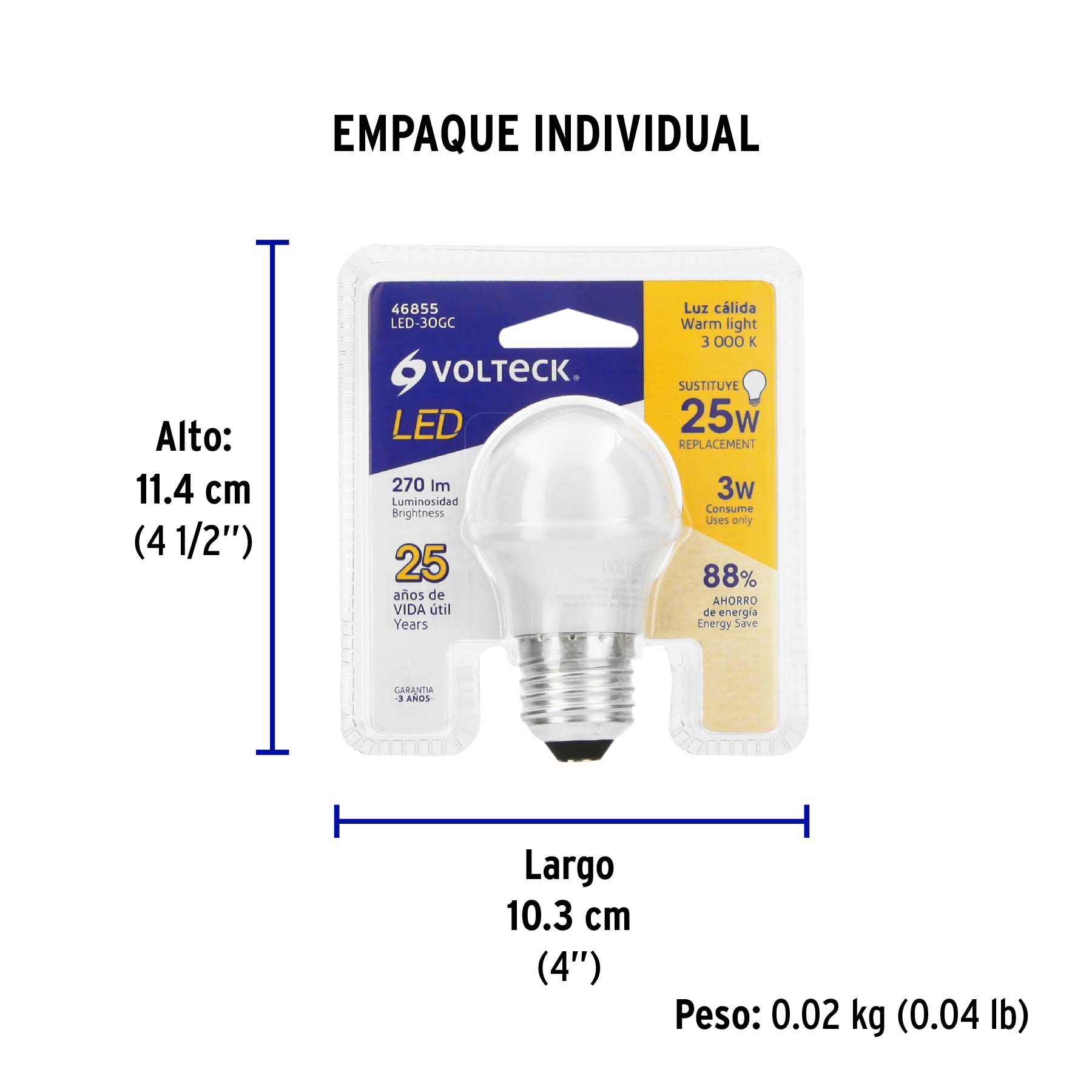 Foco LED 3W (25W) G45, 3000K blanca cálida, 270 lm, blíster - Empaque