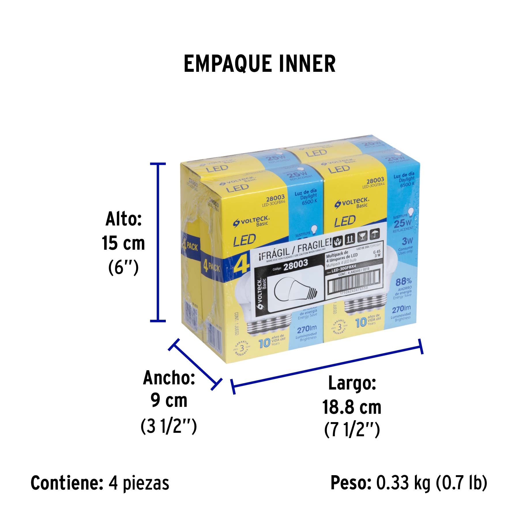 Pack 4 focos LED 3W (25W) G45, 6500K fría, 270 lm, BASIC - Empaque
