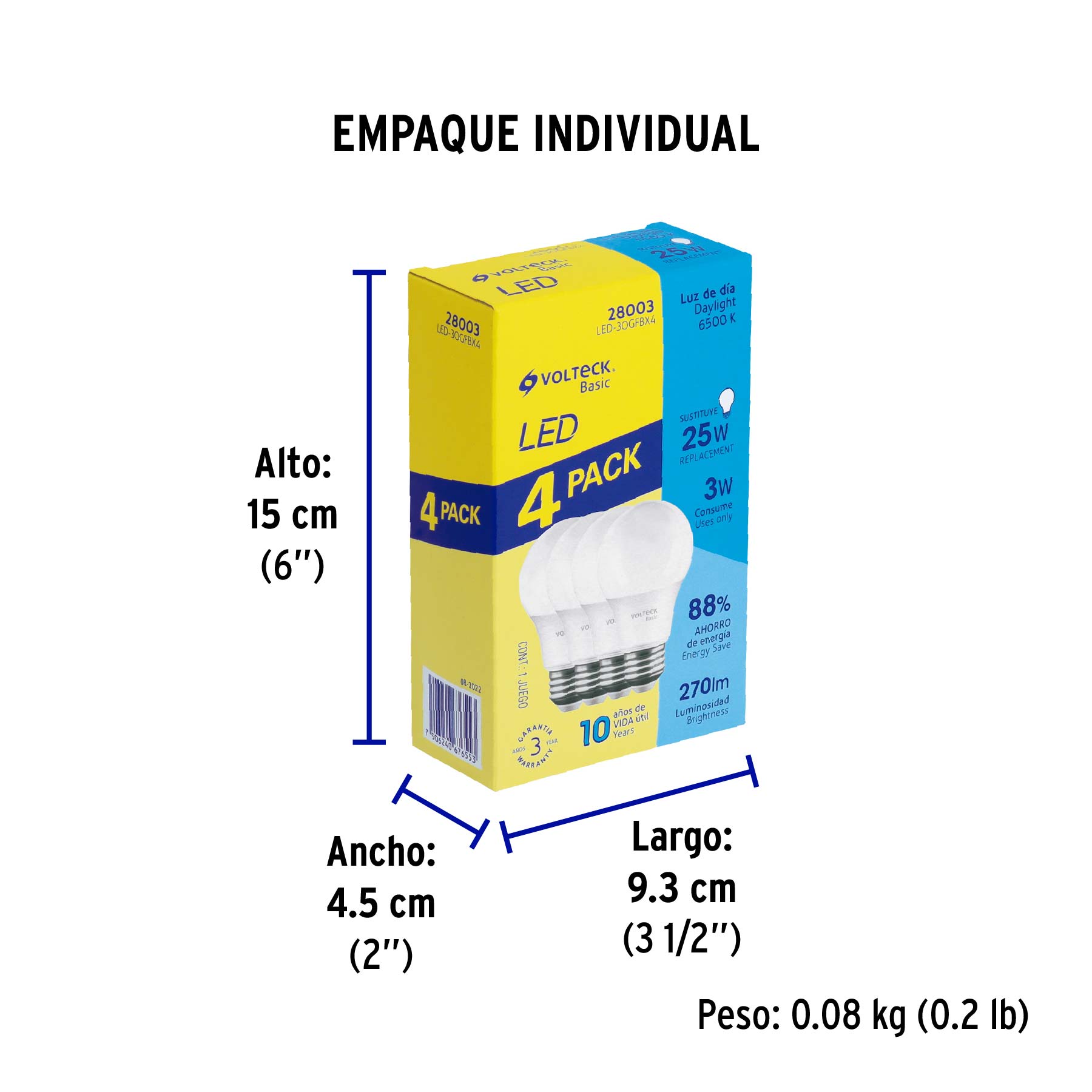 Pack 4 focos LED 3W (25W) G45, 6500K fría, 270 lm, BASIC - Empaque
