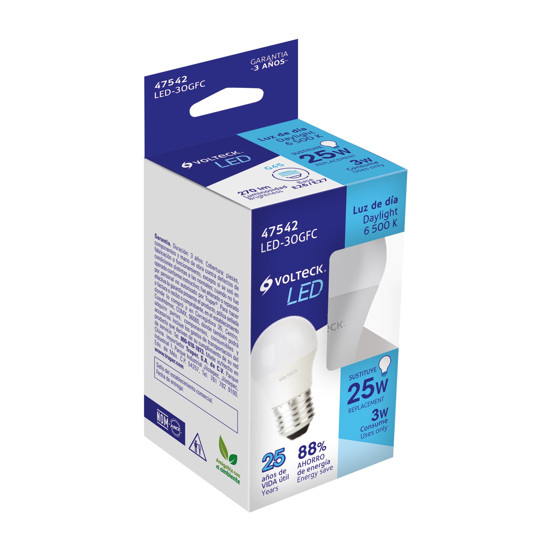 Foco LED 3W (25W) G45, 6500K blanca fría, 270 lm, caja