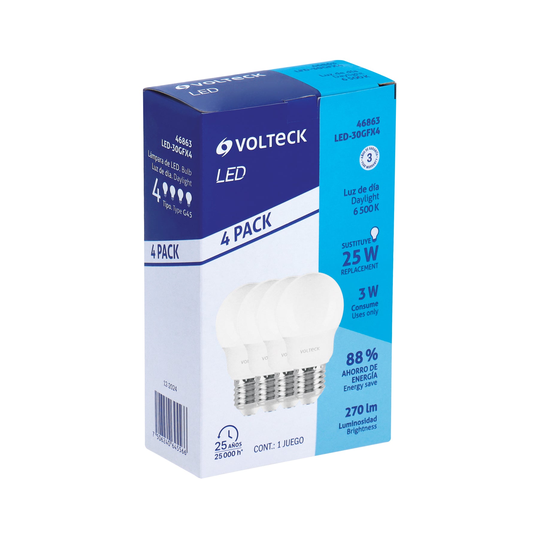 Pack 4 focos LED 3W (25W) G45, 6500K blanca fría, 270 lm