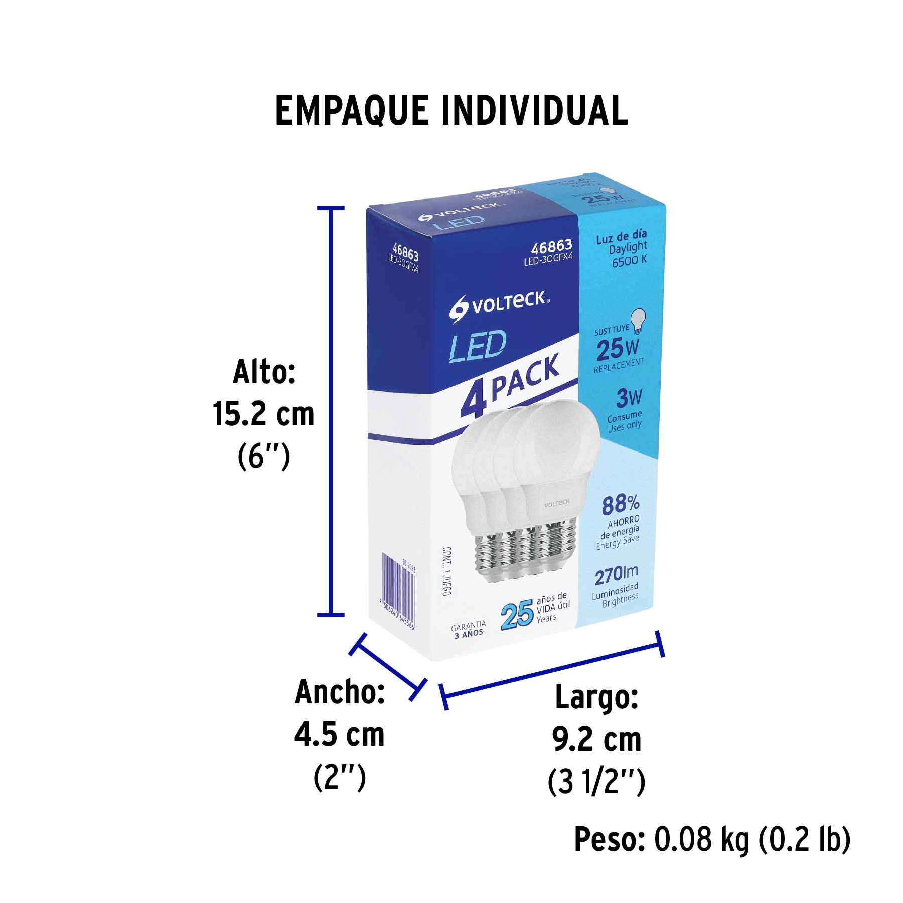 Pack 4 focos LED 3W (25W) G45, 6500K blanca fría, 270 lm - Empaque