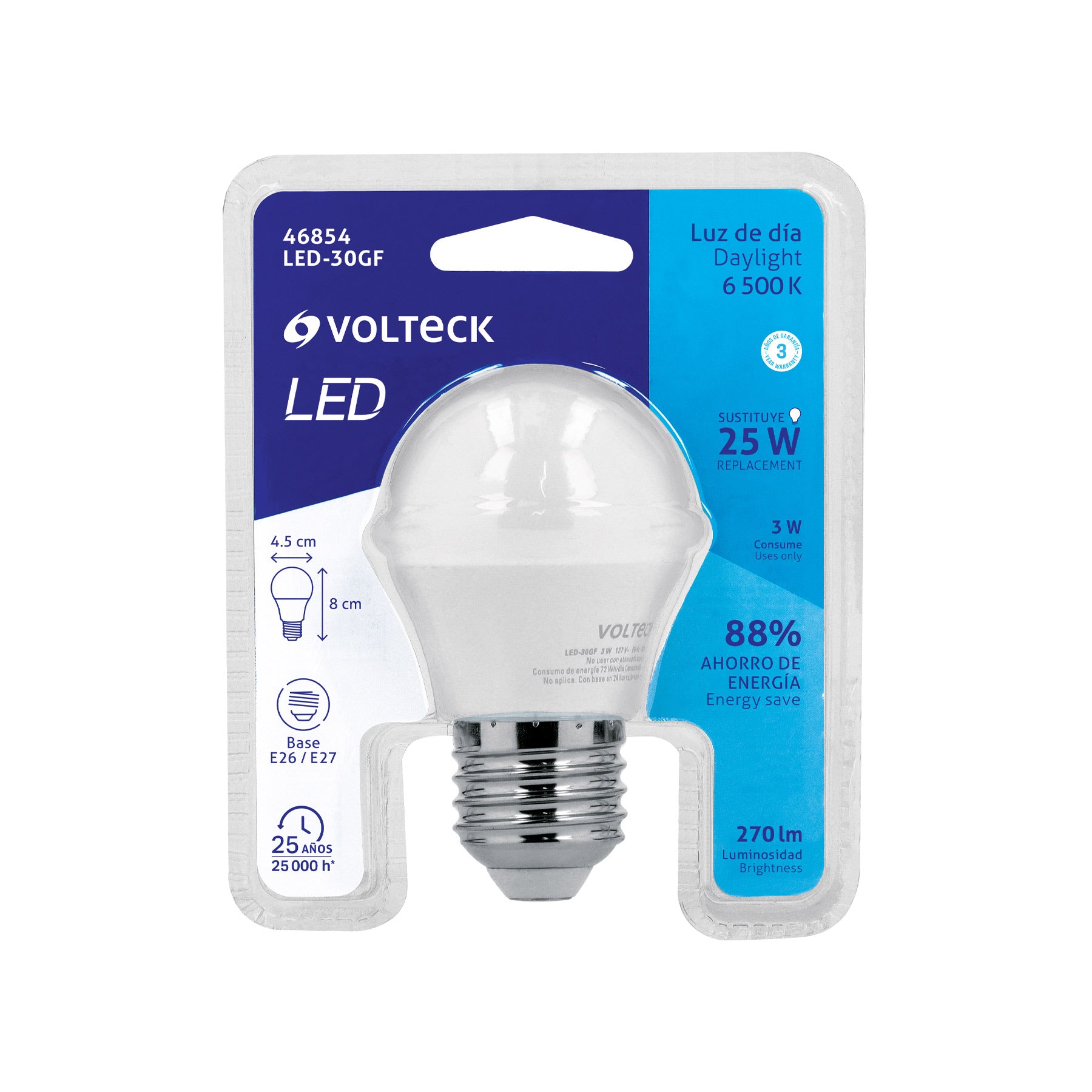 Foco LED 3W (25W) G45, 6500K blanca fría, 270 lm, blíster
