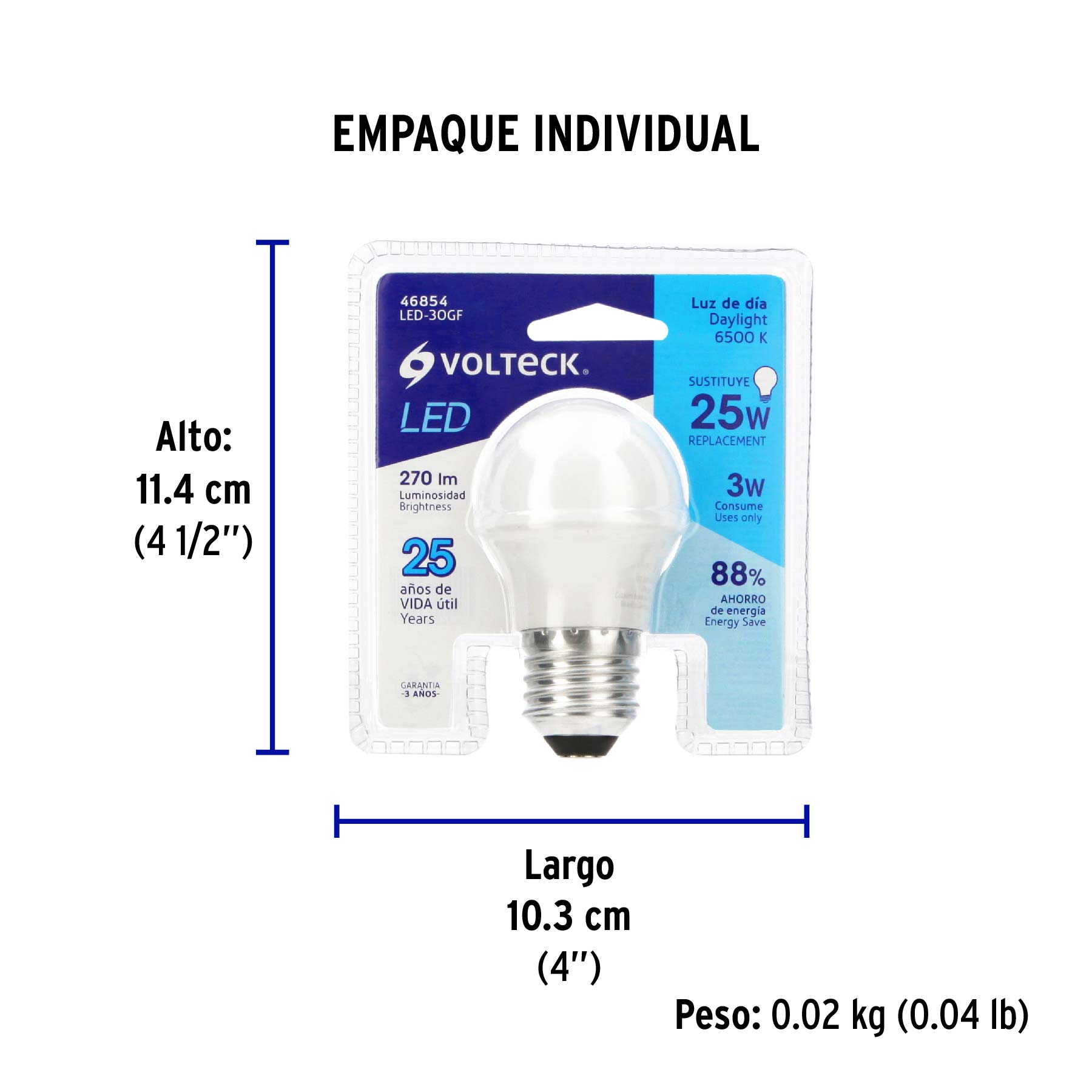 Foco LED 3W (25W) G45, 6500K blanca fría, 270 lm, blíster - Empaque