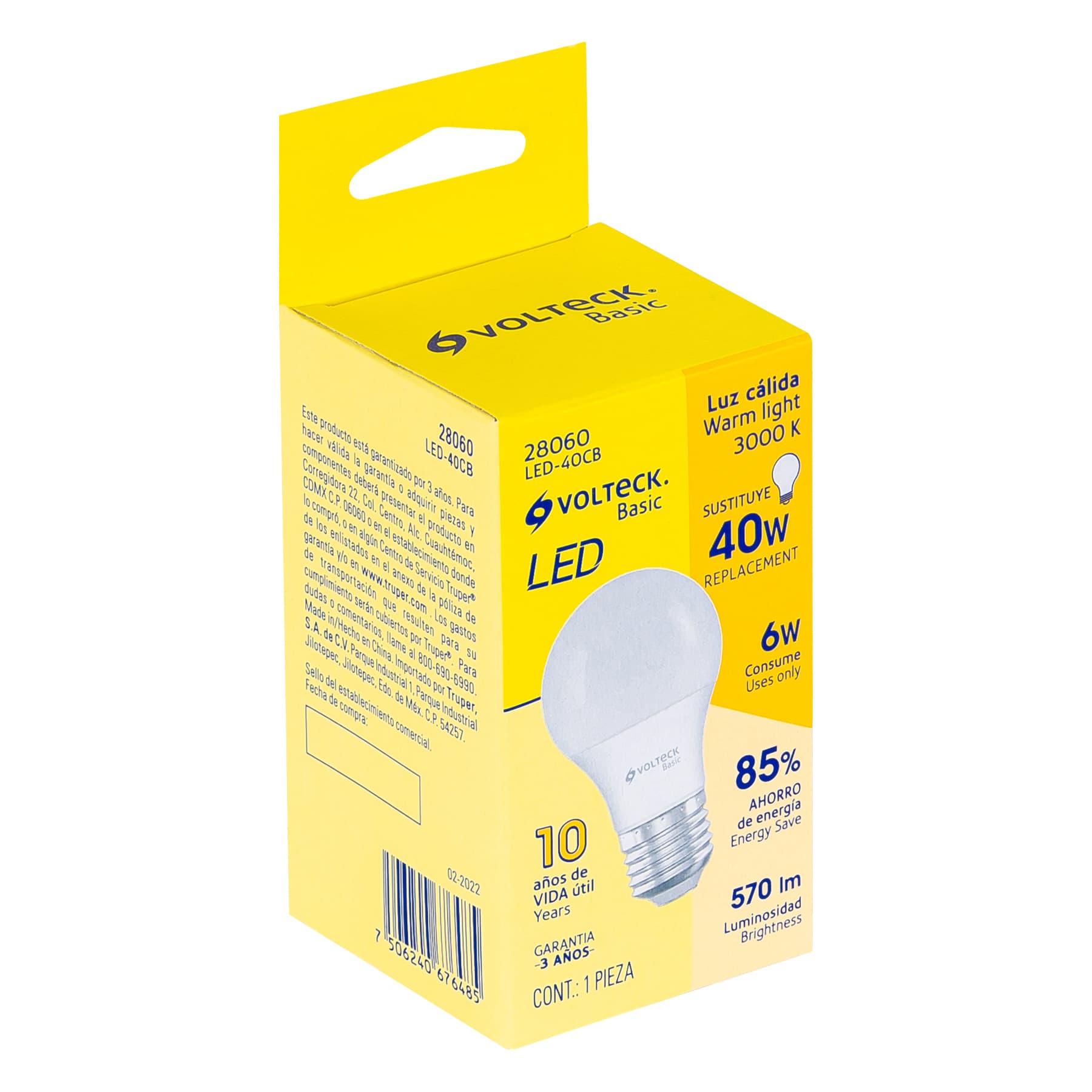 Foco LED 6W (40W) A19, 3000K blanca cálida, 570 lm, BASIC