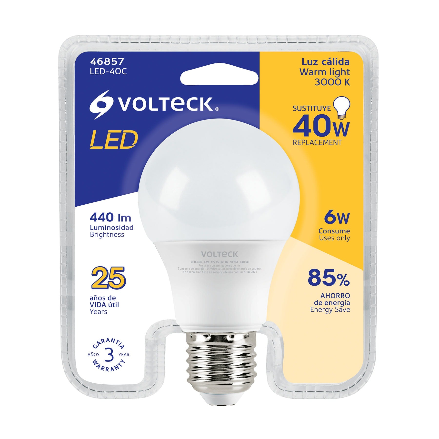 Foco LED 6W (40W) A19, 3000K blanca cálida, 440 lm, blíster