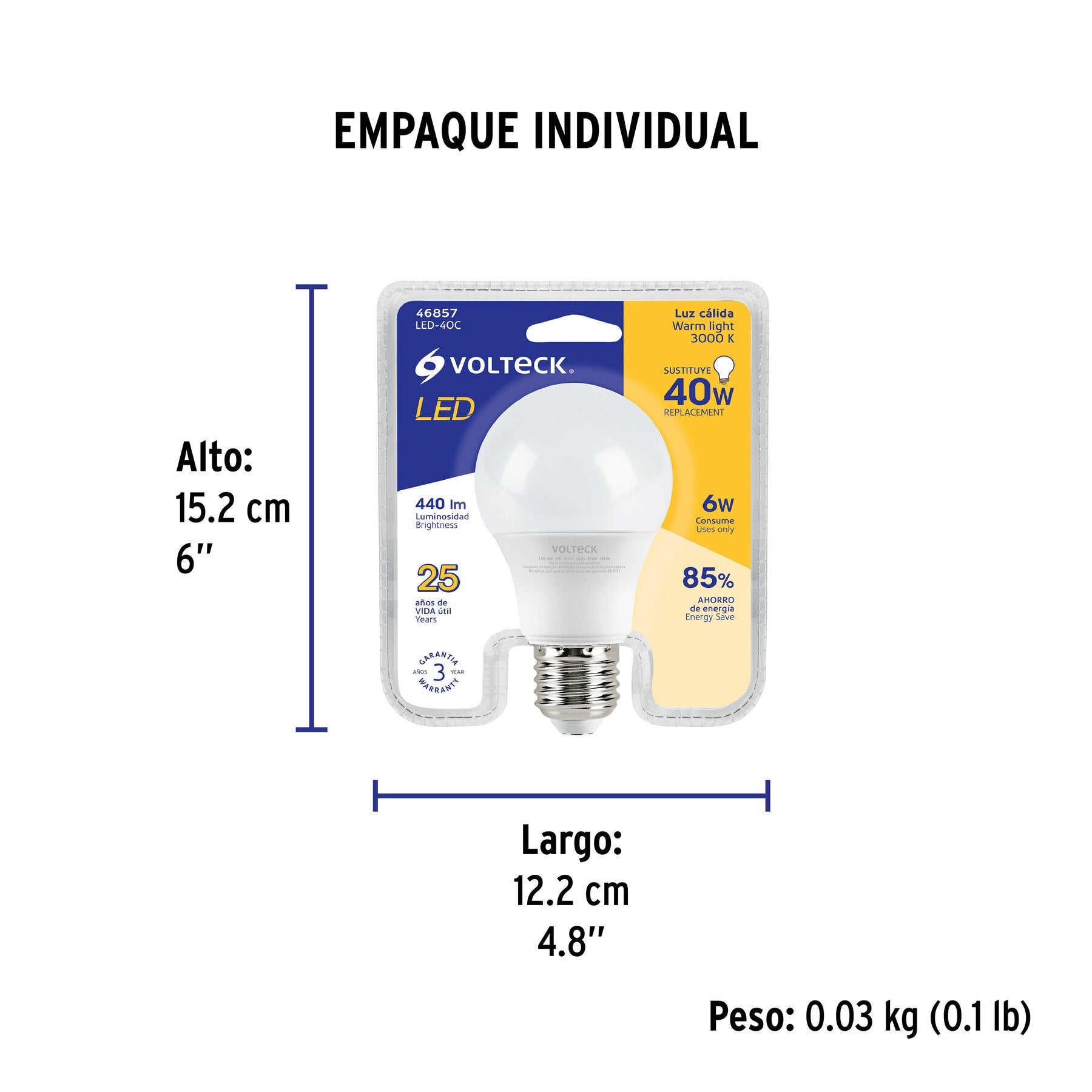 Foco LED 6W (40W) A19, 3000K blanca cálida, 440 lm, blíster - Empaque
