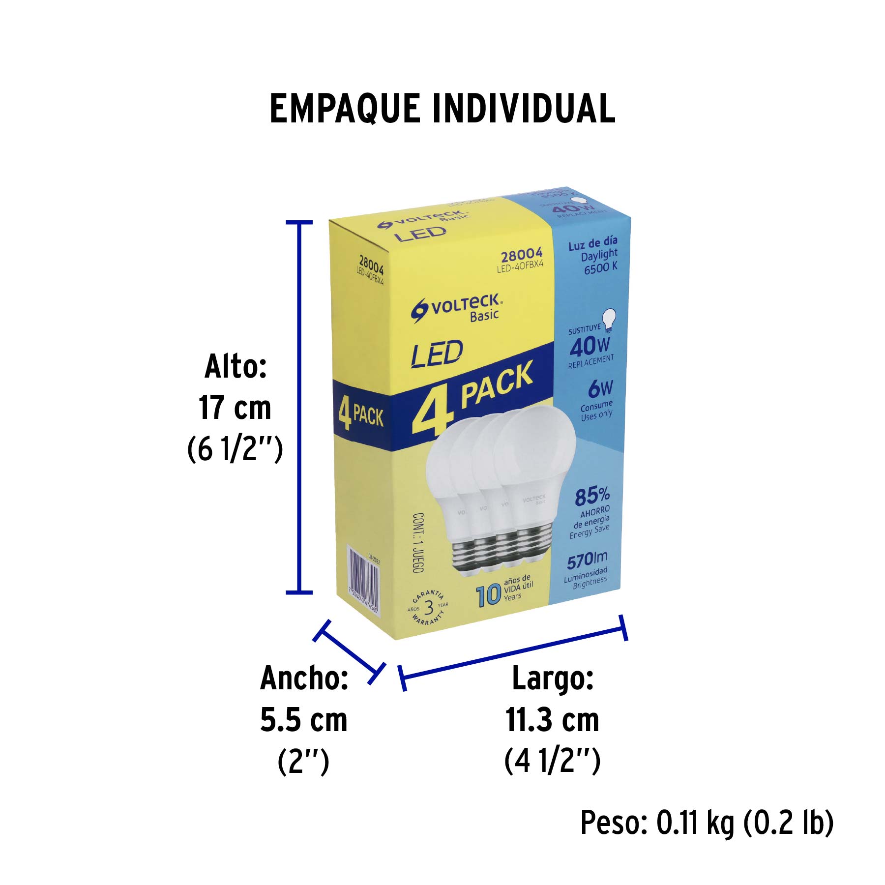 Pack 4 focos LED 6W (40W) A19, 6500K fría, 570 lm, BASIC - Empaque