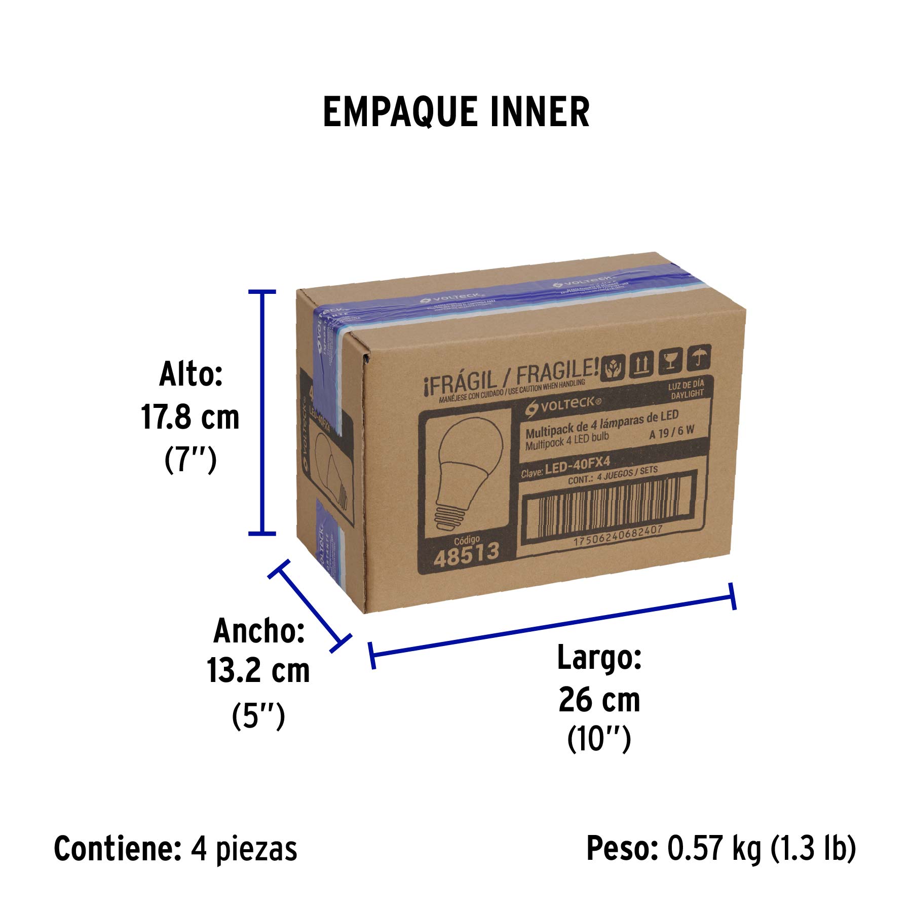 Pack 4 focos LED 6W (40W) A19, 6500K blanca fría, 440 lm - Empaque