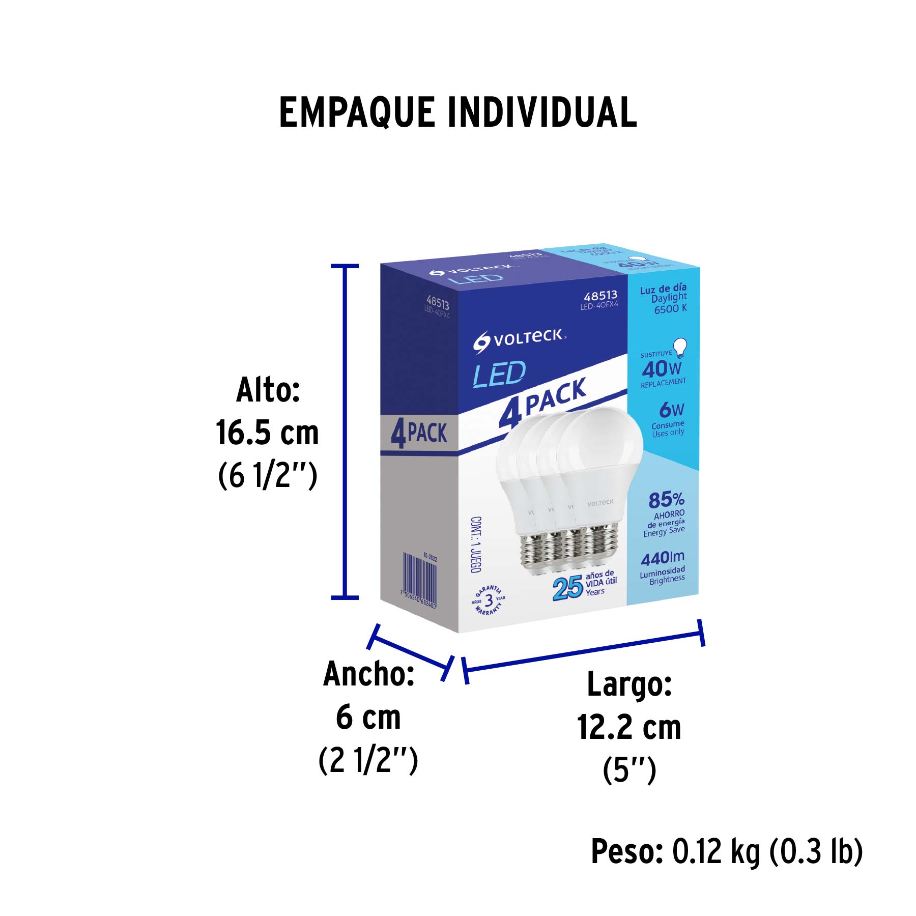 Pack 4 focos LED 6W (40W) A19, 6500K blanca fría, 440 lm - Empaque