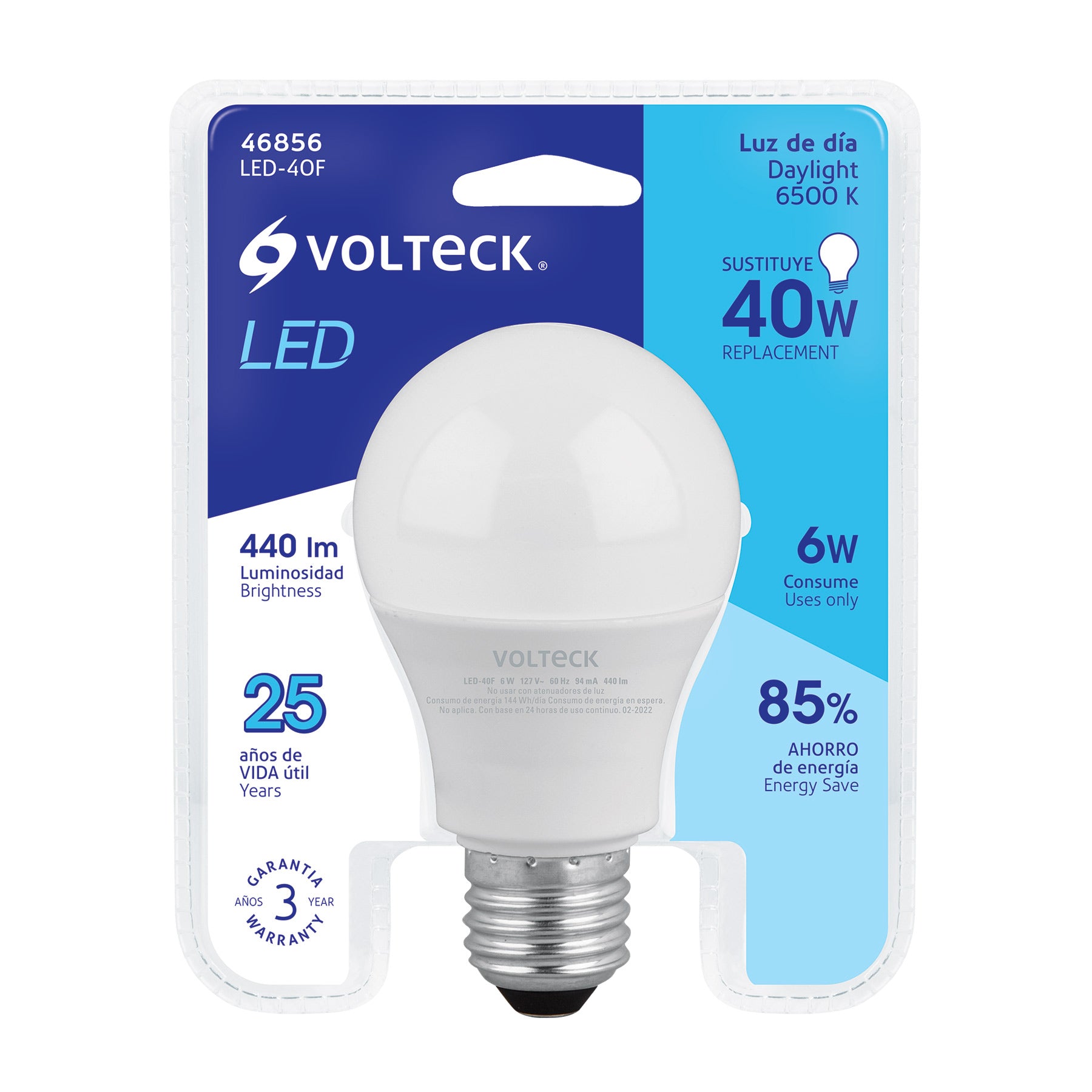 Foco LED 6W (40W) A19, 6500K blanca fría, 440 lm, blíster