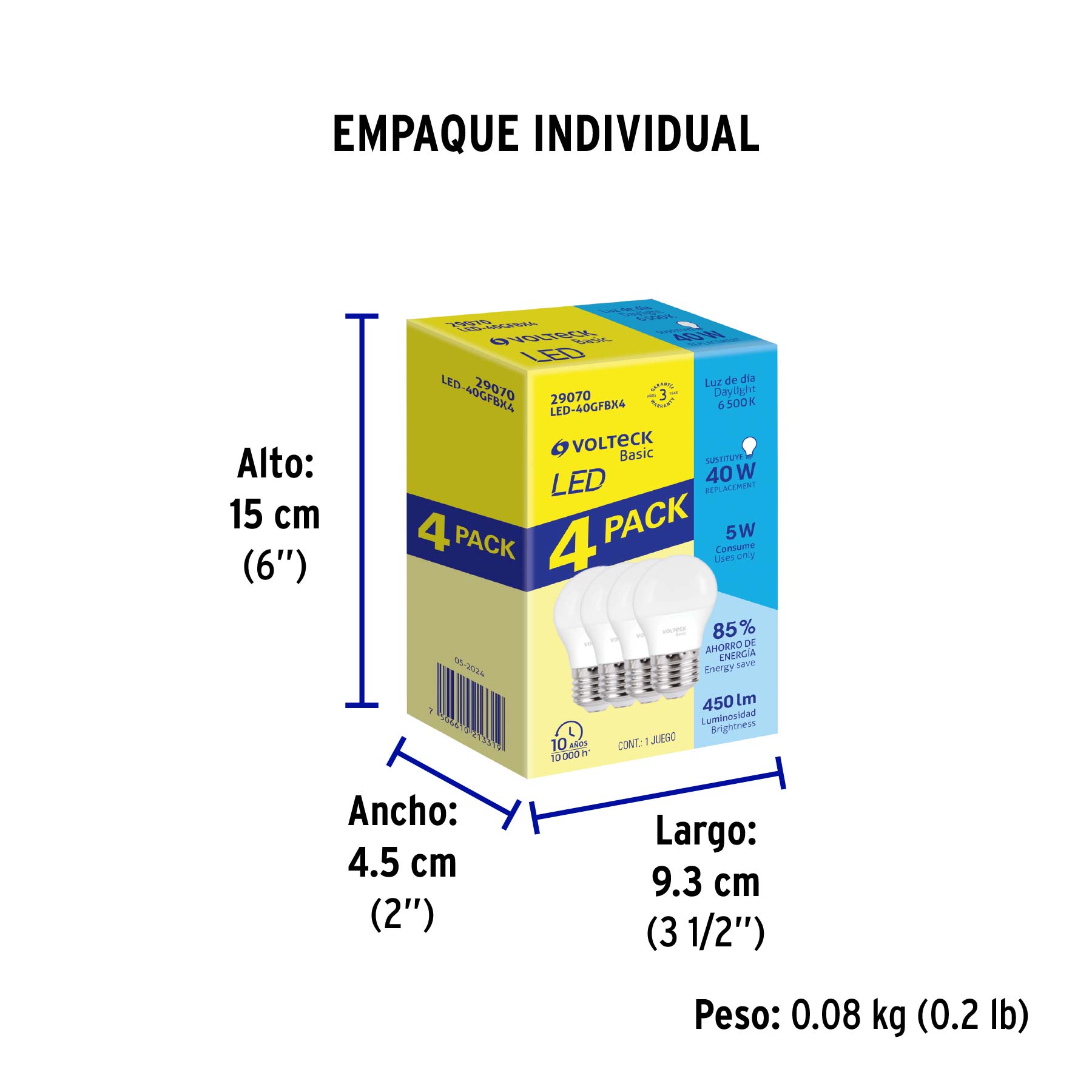 Pack 4 focos LED 5W (40W) G45, 6500K fría, 450 lm, BASIC - Empaque