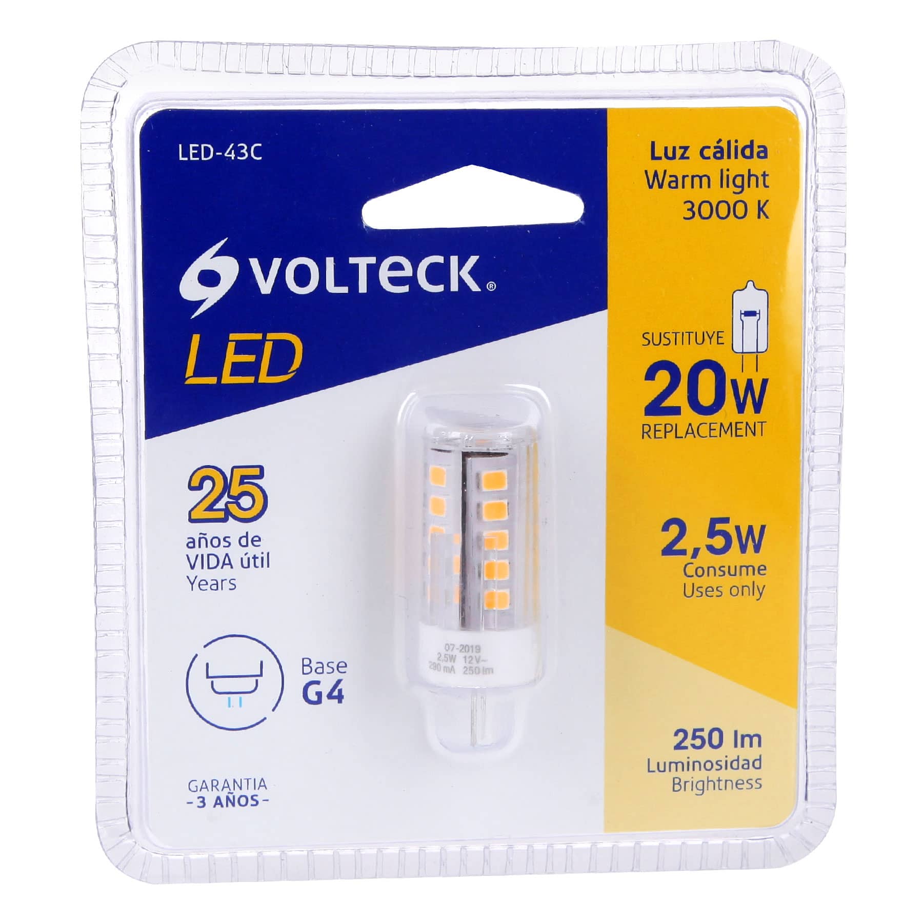 Foco LED 3 W, tipo capsula, 2700K luz ámbar, G4, VOLTECK