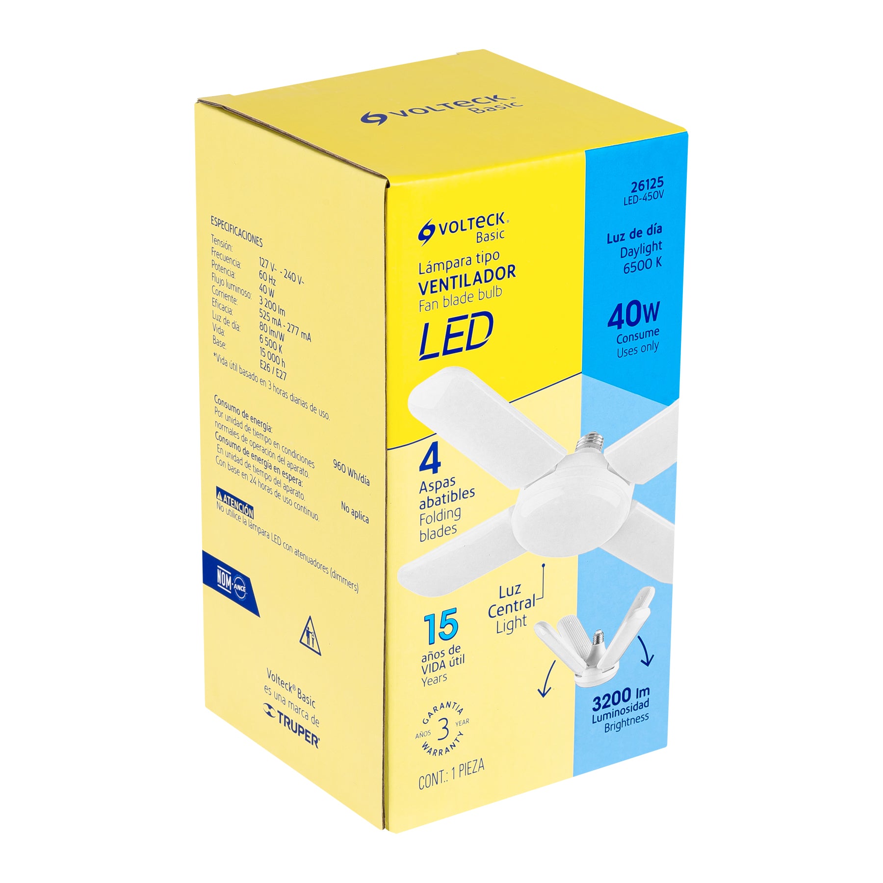 Lámpara LED tipo ventilador 40W, 4 aspas, 6500K, BASIC