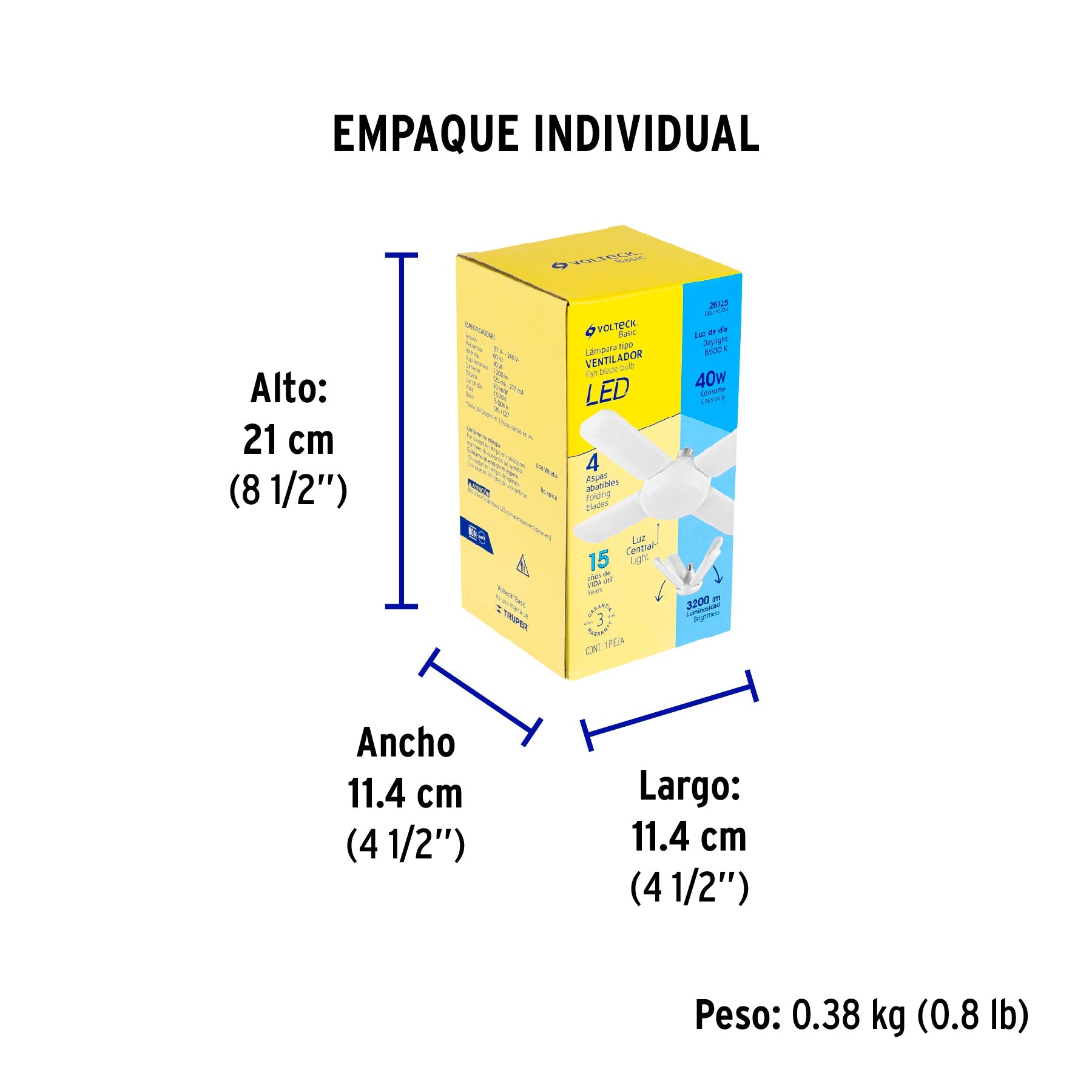 Lámpara LED tipo ventilador 40W, 4 aspas, 6500K, BASIC - Empaque