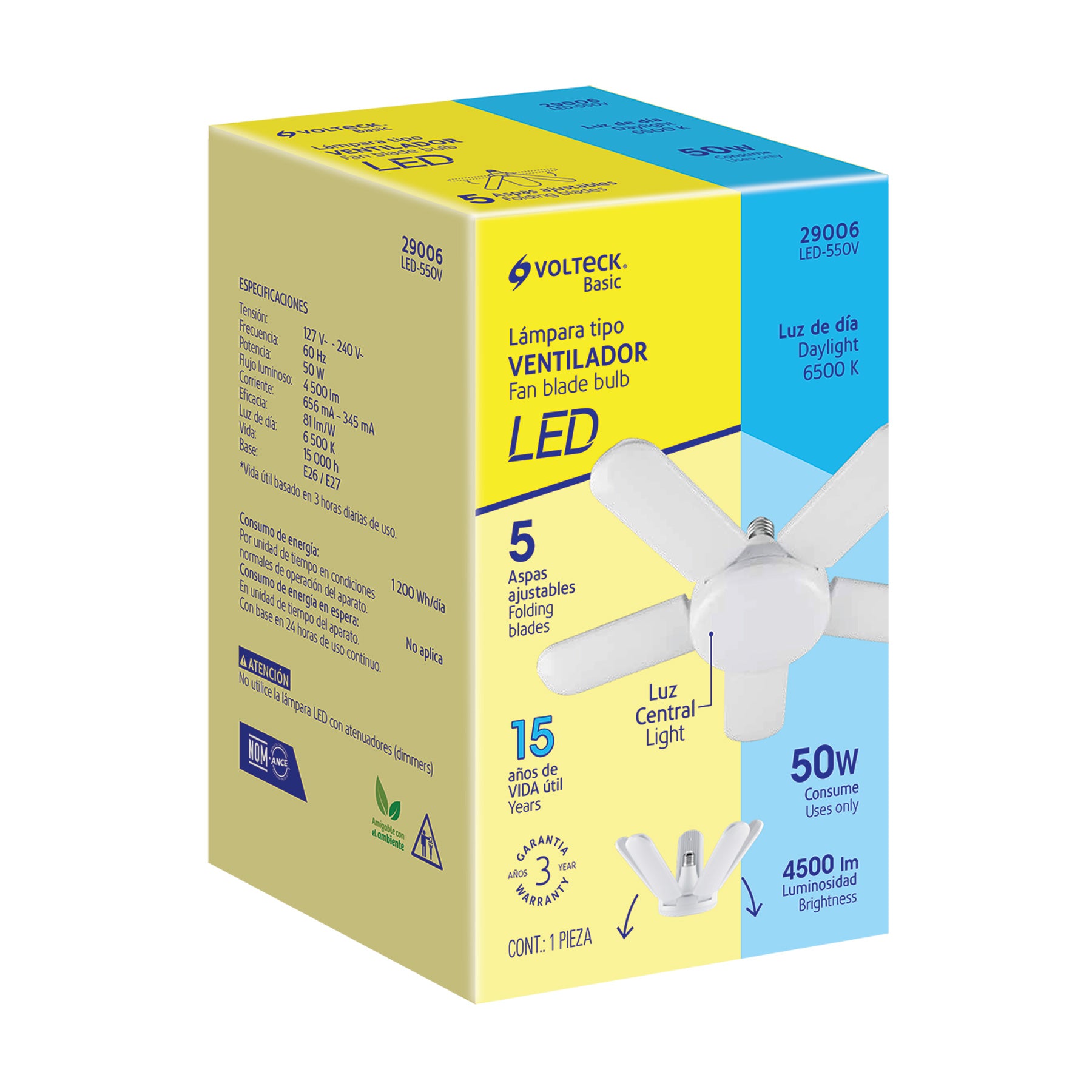 Lámpara LED tipo ventilador 50W, 5 aspas, 6500K, BASIC