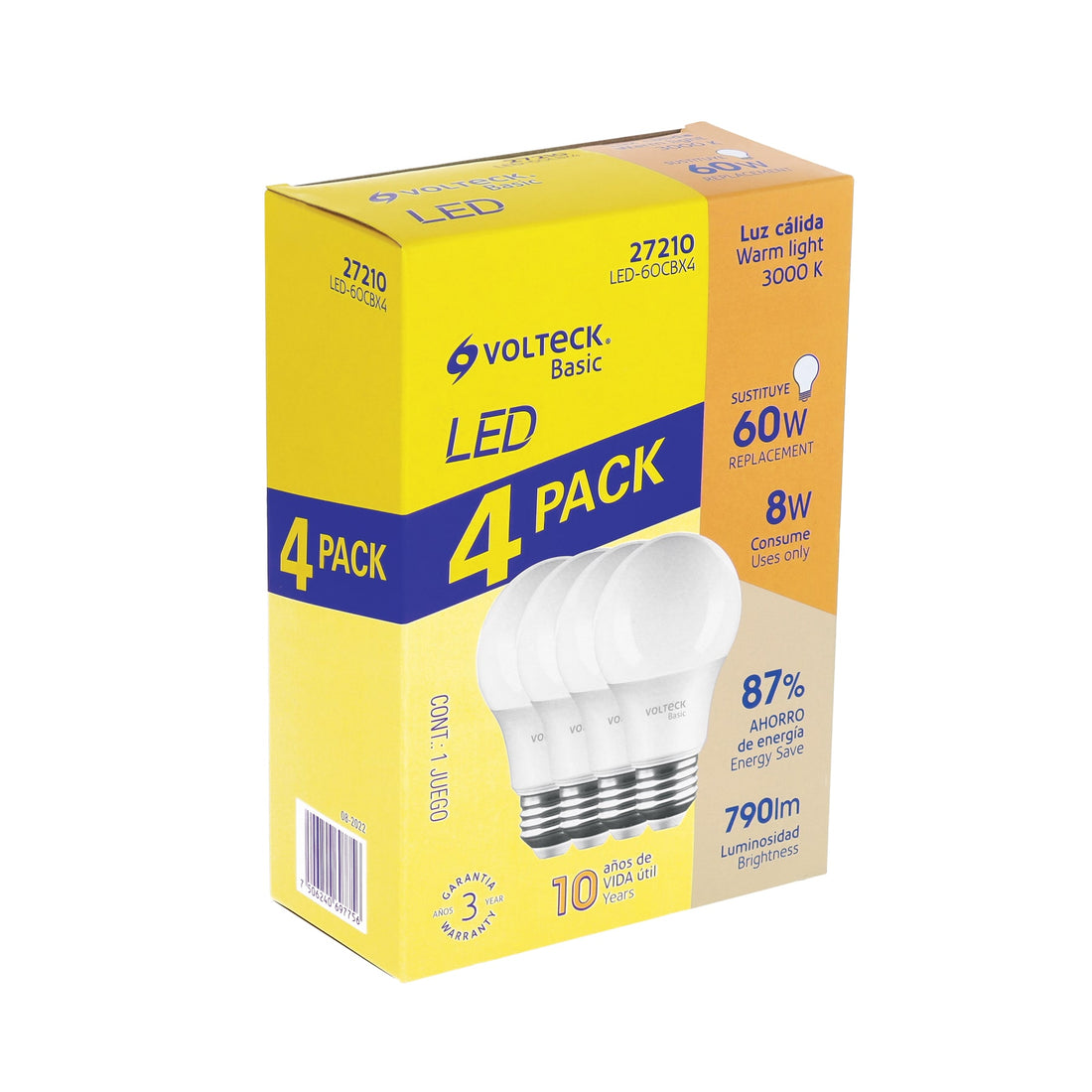 Pack 4 focos LED 8W (60W) A19, 3000K cálida, 790 lm, BASIC