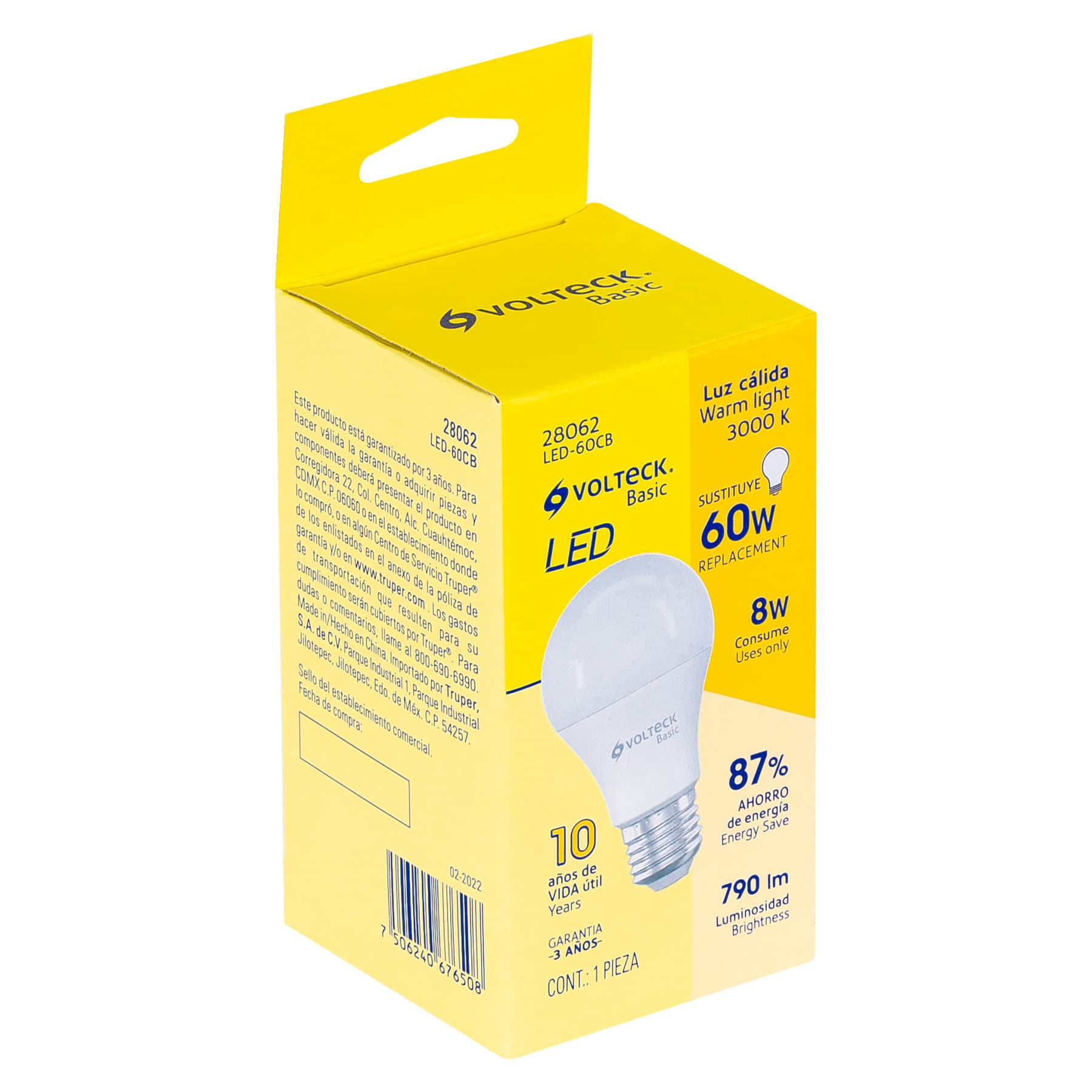 Foco LED 8W (60W) A19, 3000K blanca cálida, 790 lm, BASIC