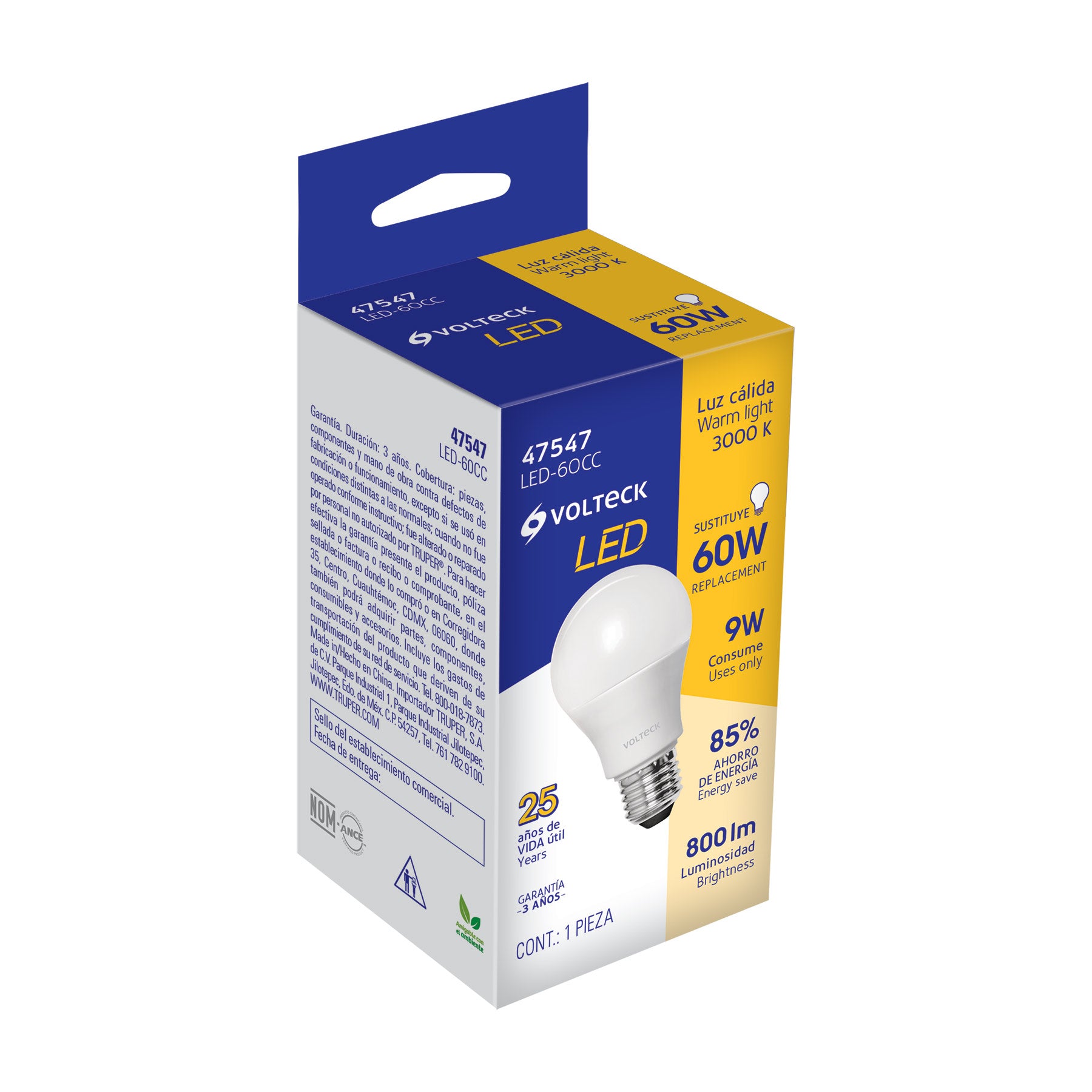 Foco LED 9W (60W) A19, 3000K blanca cálida, 800 lm, caja