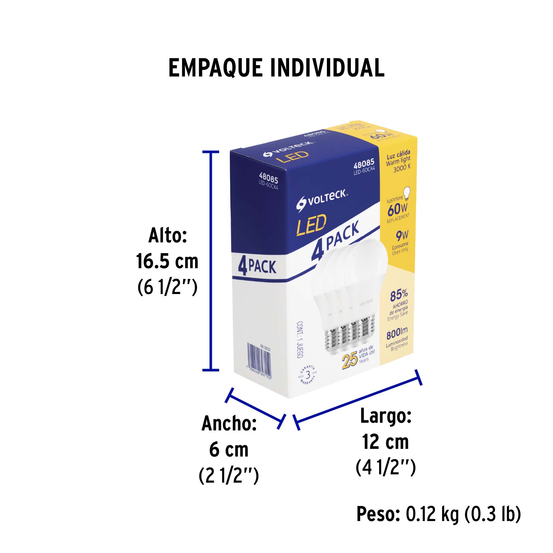 Pack 4 focos LED 9W (60W) A19, 3000K blanca cálida, 800 lm - Empaque