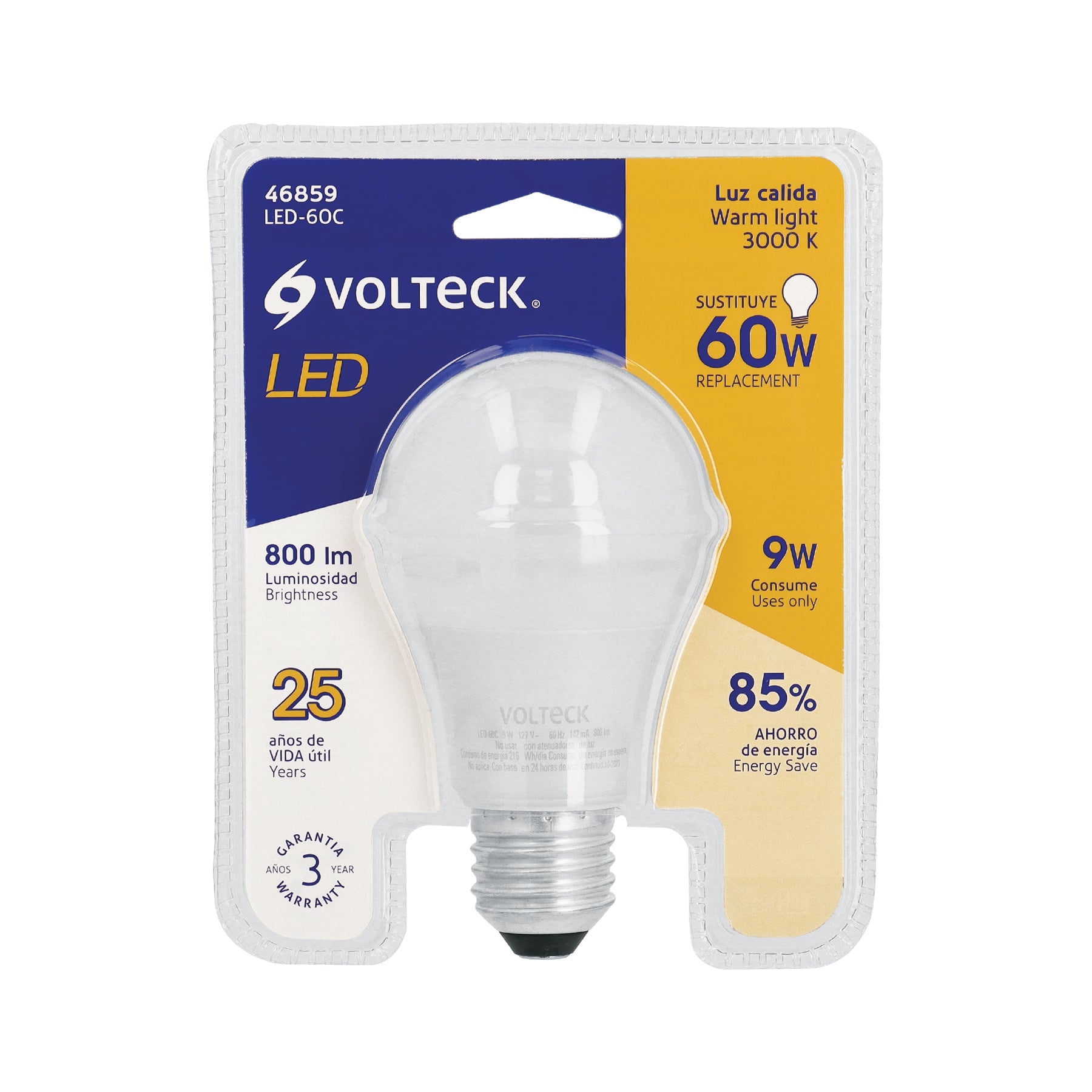Foco LED 9W (60W) A19, 3000K blanca cálida, 800 lm, blíster