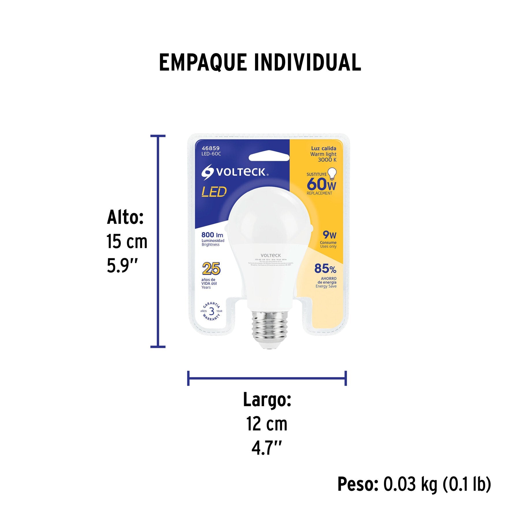 Foco LED 9W (60W) A19, 3000K blanca cálida, 800 lm, blíster - Empaque