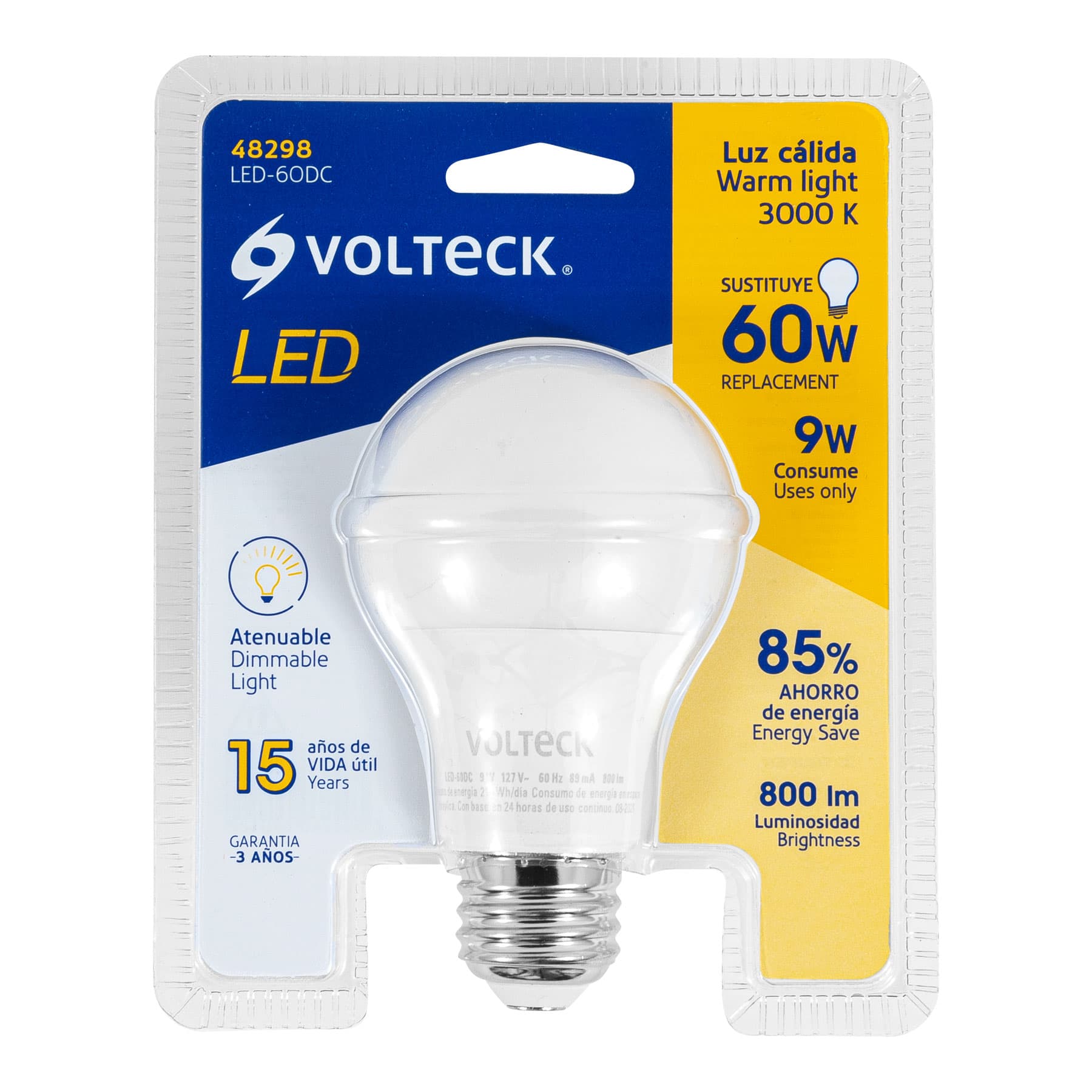 Foco LED 9W (60W) A19 3000K blanca cálida atenuable, VOLTECK