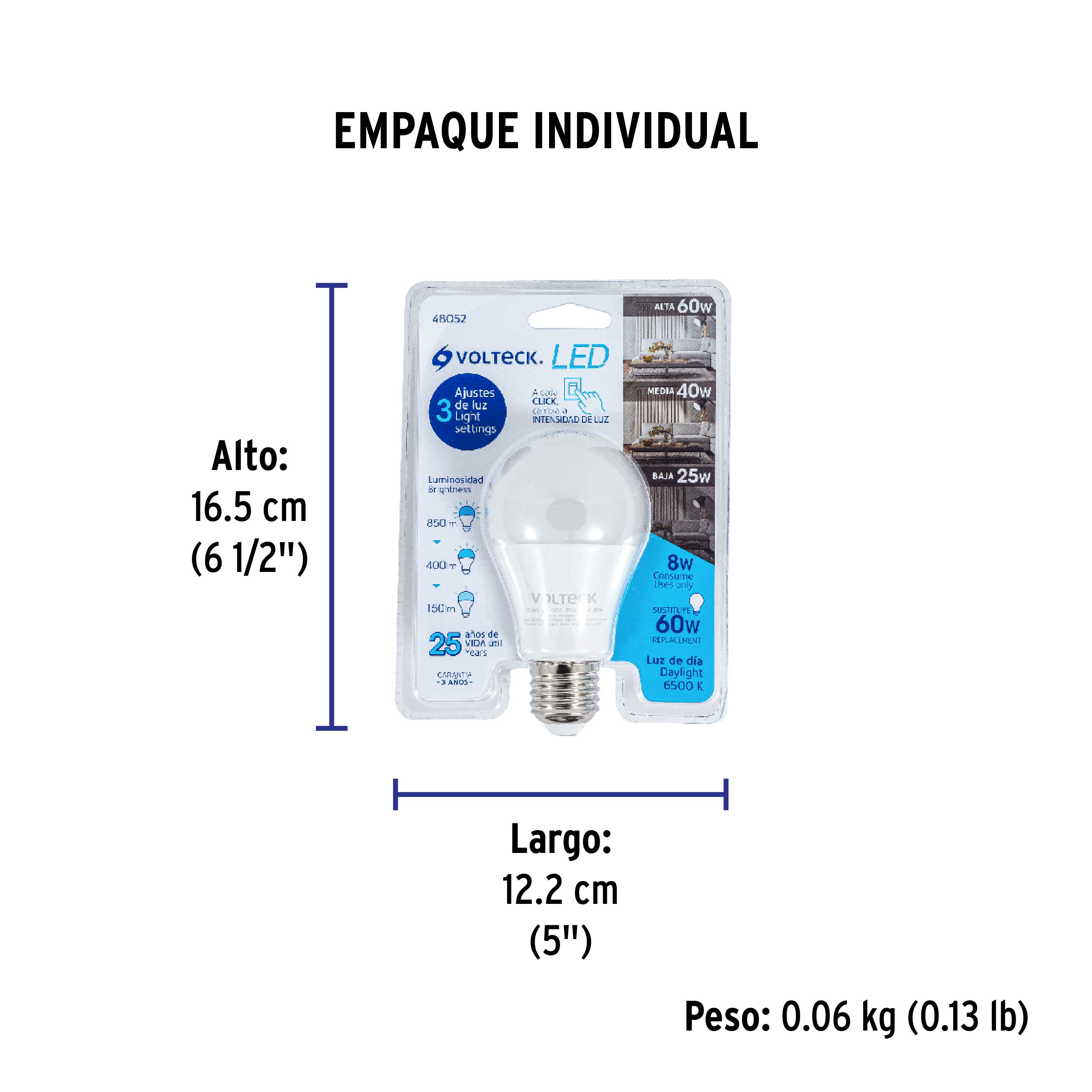 Foco LED 8W (60W) A19 6500K 3 niveles de luminosidad VOLTECK - Empaque